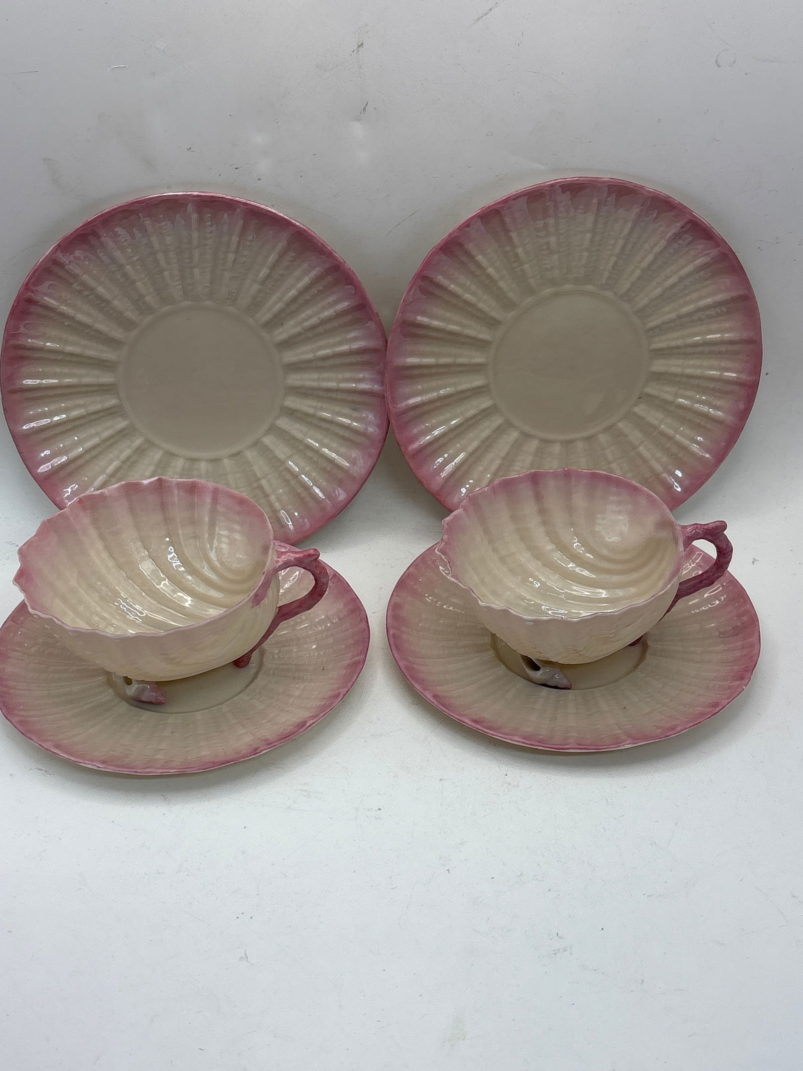 6 piece Rare pair antique black mark Belleek Irish pink shell cups , saucers & plates (1 of 9)