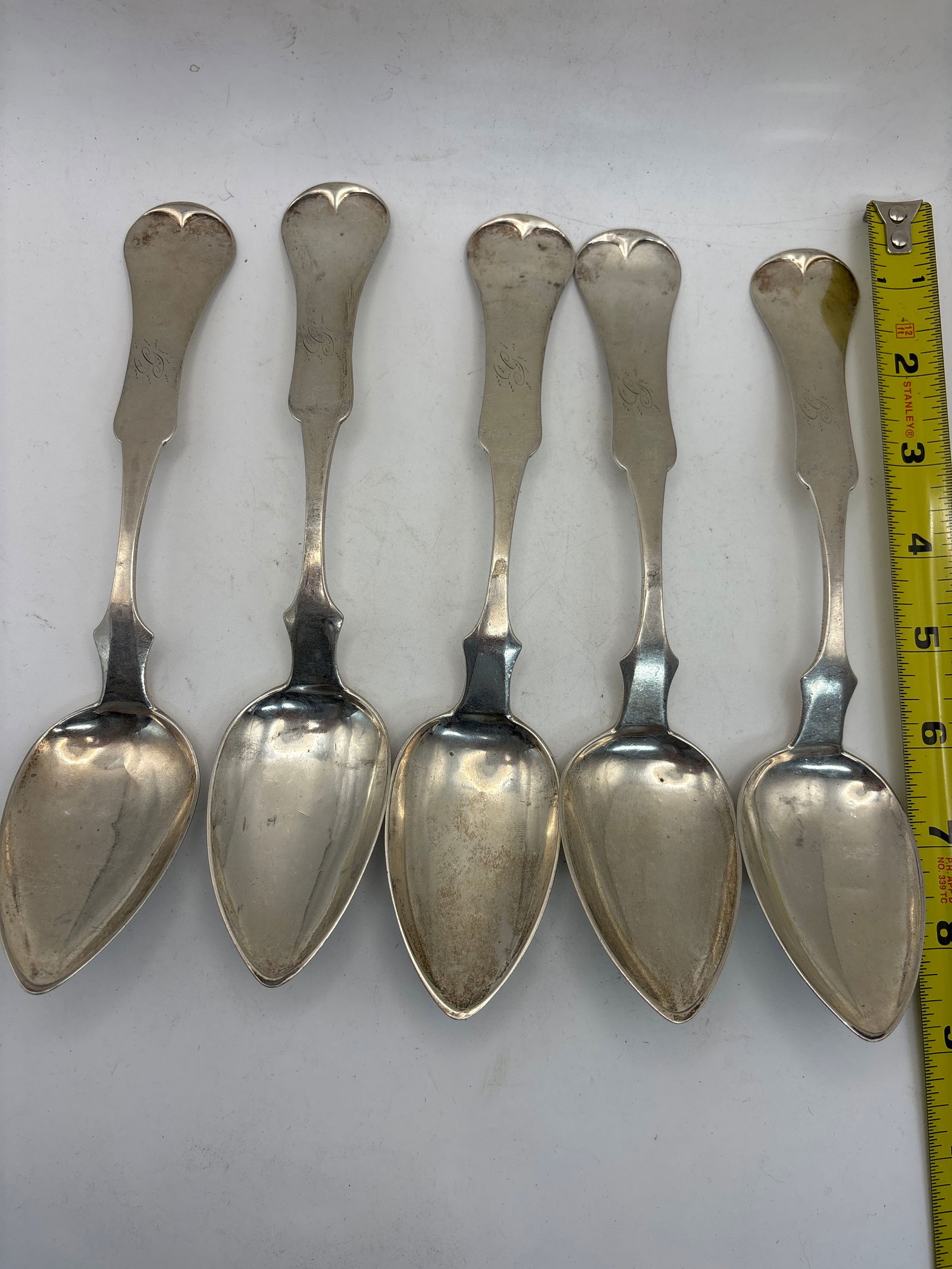 Rare five pre Civil War Jaccard & Co St Louis coin silver 8&1/2 inch serving spoons 253 grams (1 of 9)
