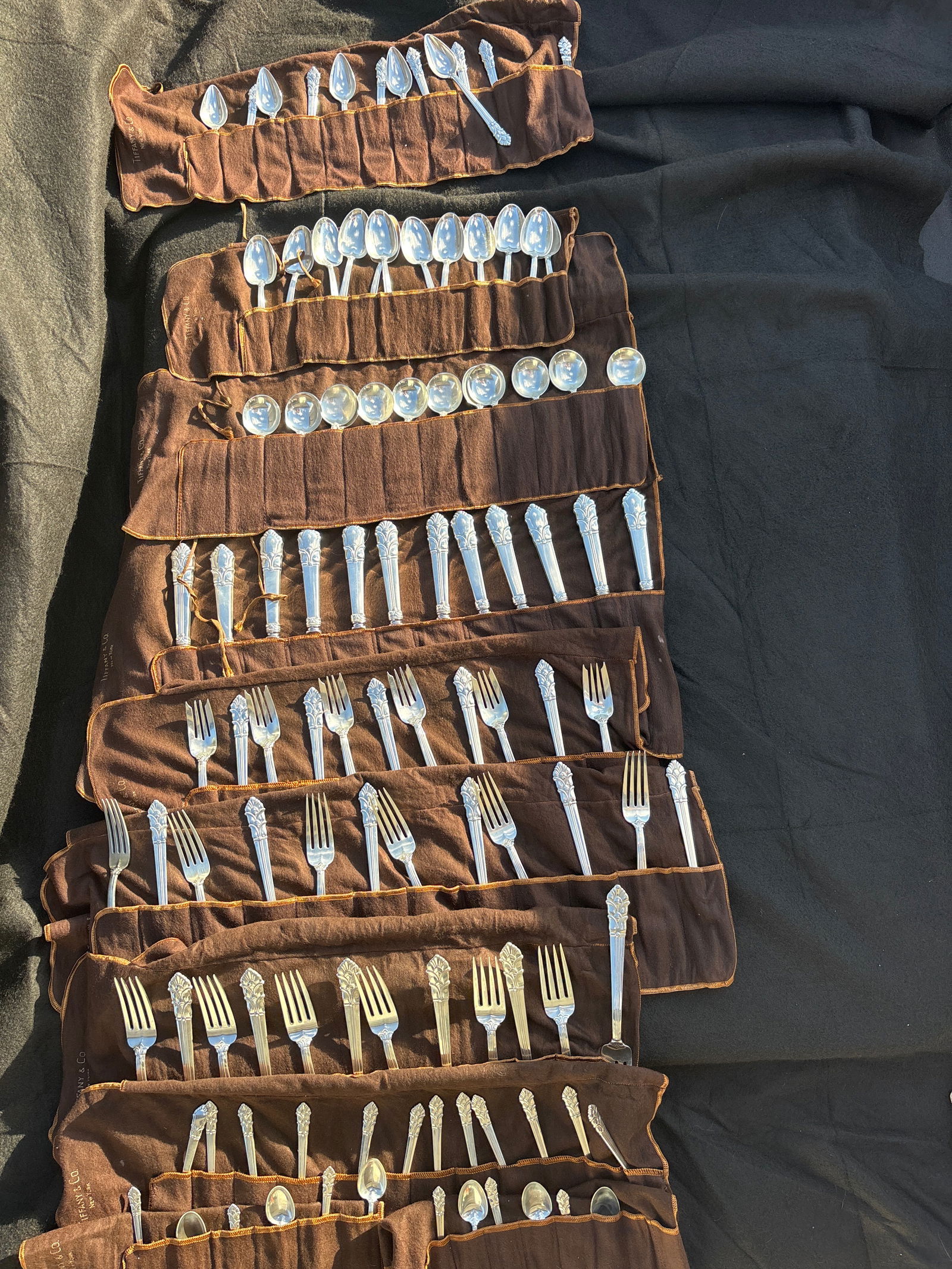 No monogram. Tiffany & Co Palmette pattern 108 piece Sterling Silver Flatware 5,460 grams (1 of 16)