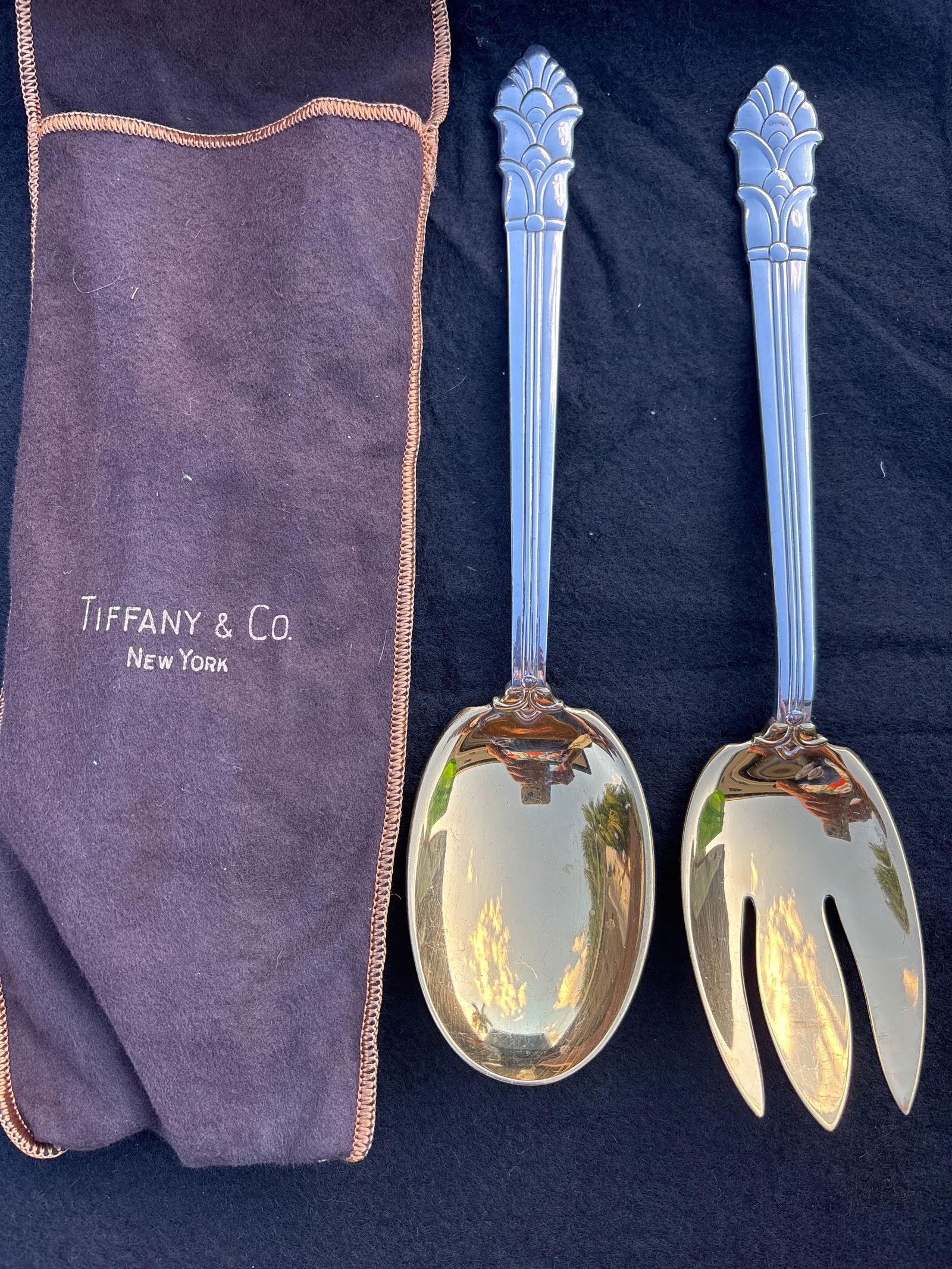 Gold wash Tiffany & Co Palmette pattern Sterling silver 10 inch salad set; 280 grams (1 of 6)