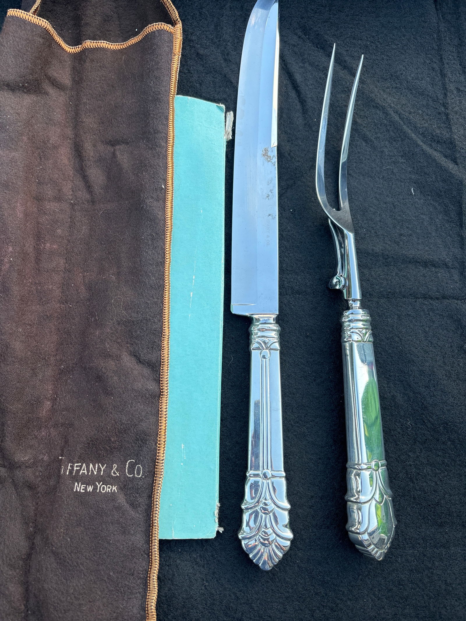 Tiffany & Co Palmette pattern Sterling silver serving knife & meat fork;  230 grams (1 of 6)