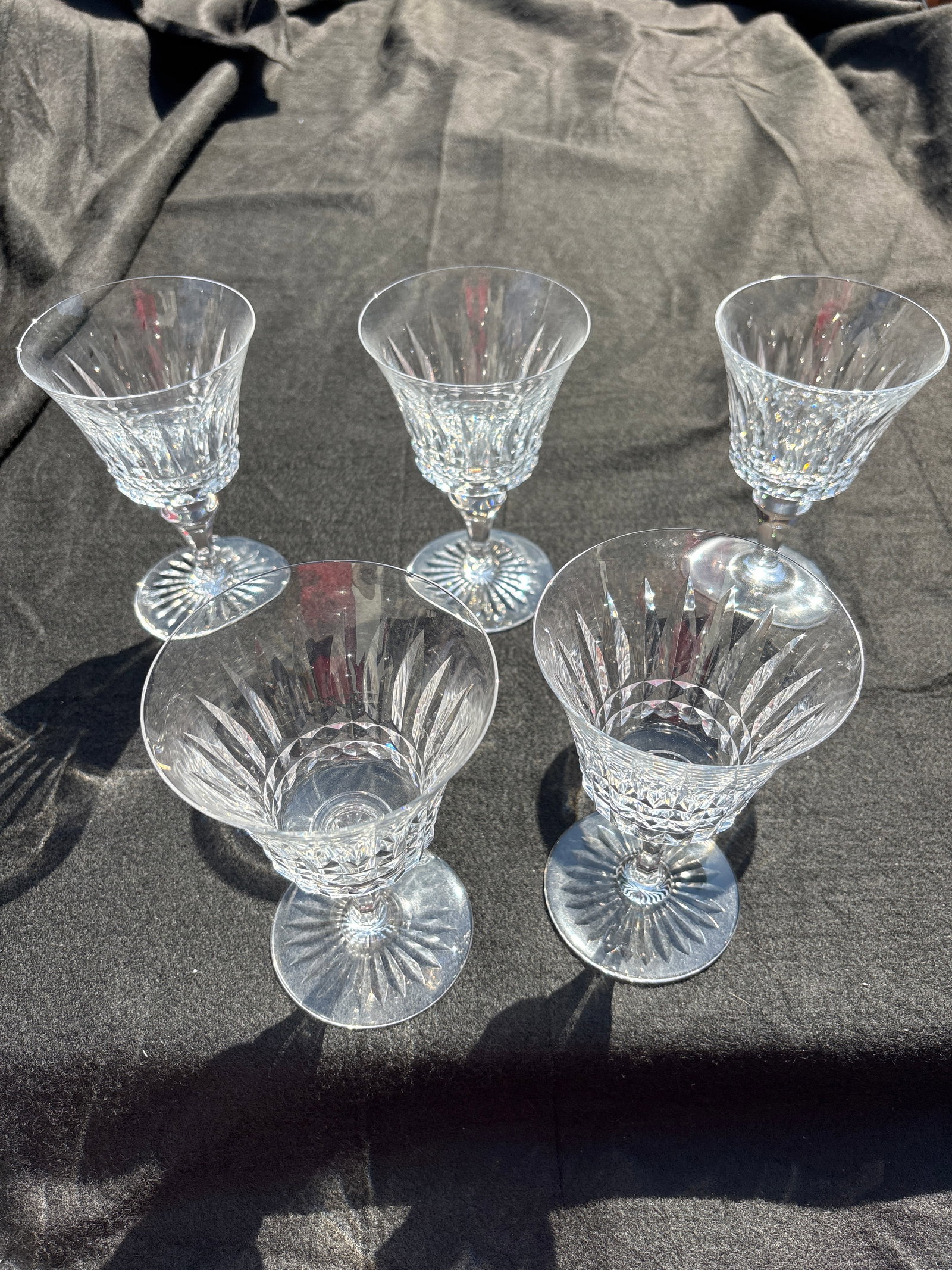 Five Baccarat Buckingham pattern large 6&1/2 inches glasses: Five Baccarat Buckingham pattern large 6&1/2 inches glasses. They are all marked Baccarat. They are about 4 inches across top & 3&1/8 at base. One tiny rim chip.Very good condition. No chips, cracks, 