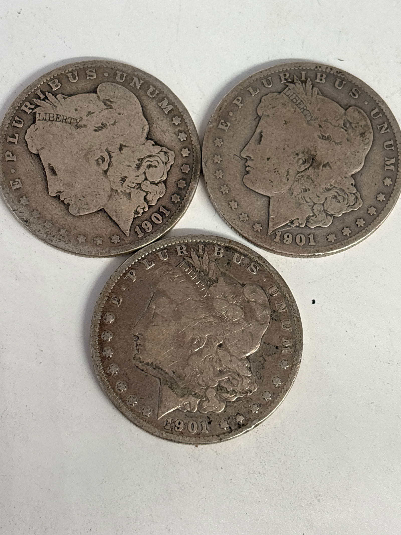 group of Three original dated 1901 Morgan American silver dollars (1 of 5)