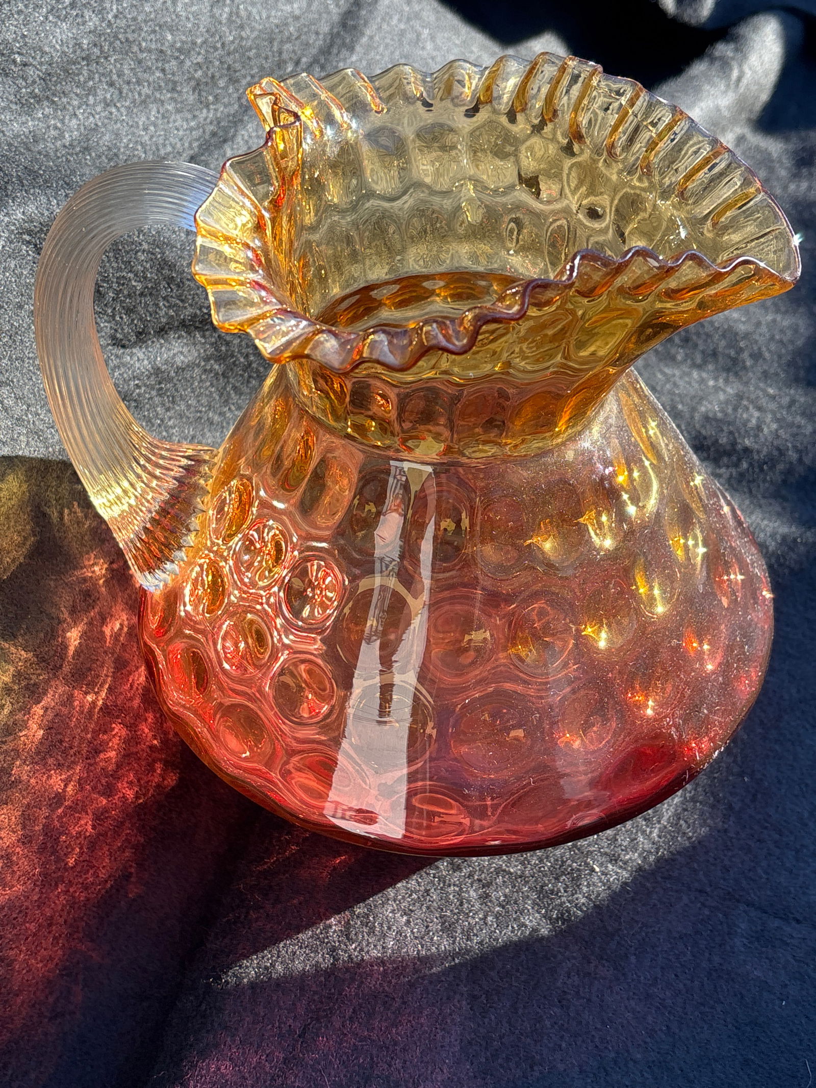 Unusual large Vict. Amberina art glass ruffled edge 9 inch pitcher (1 of 6)