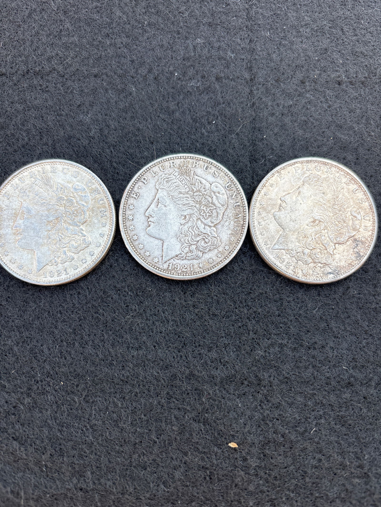Three original 1921 Morgan American silver dollars (1 of 5)