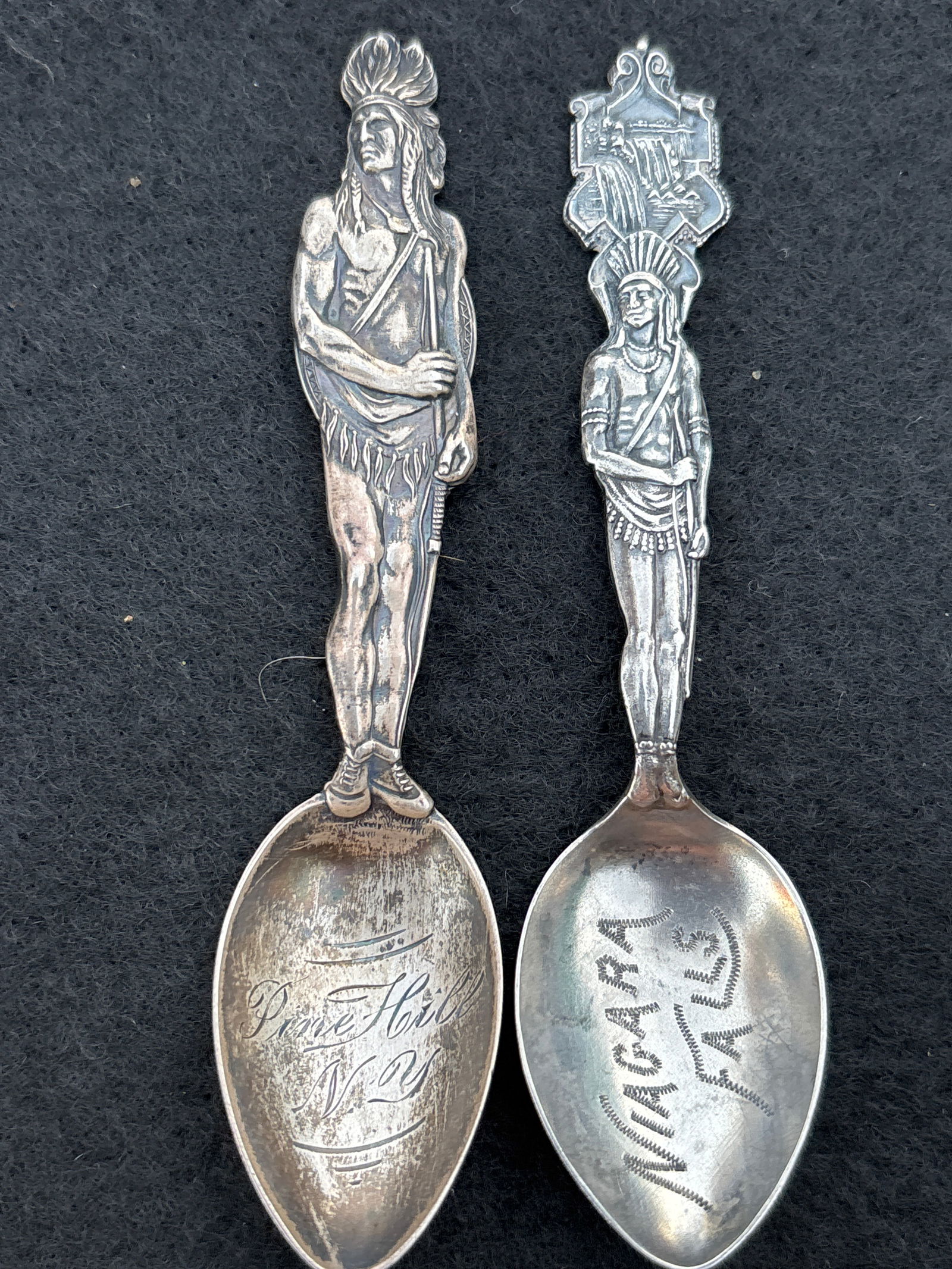 Two Native Indian figural handled New York sterling souvenir 4 inch spoons; 33 grams (1 of 5)