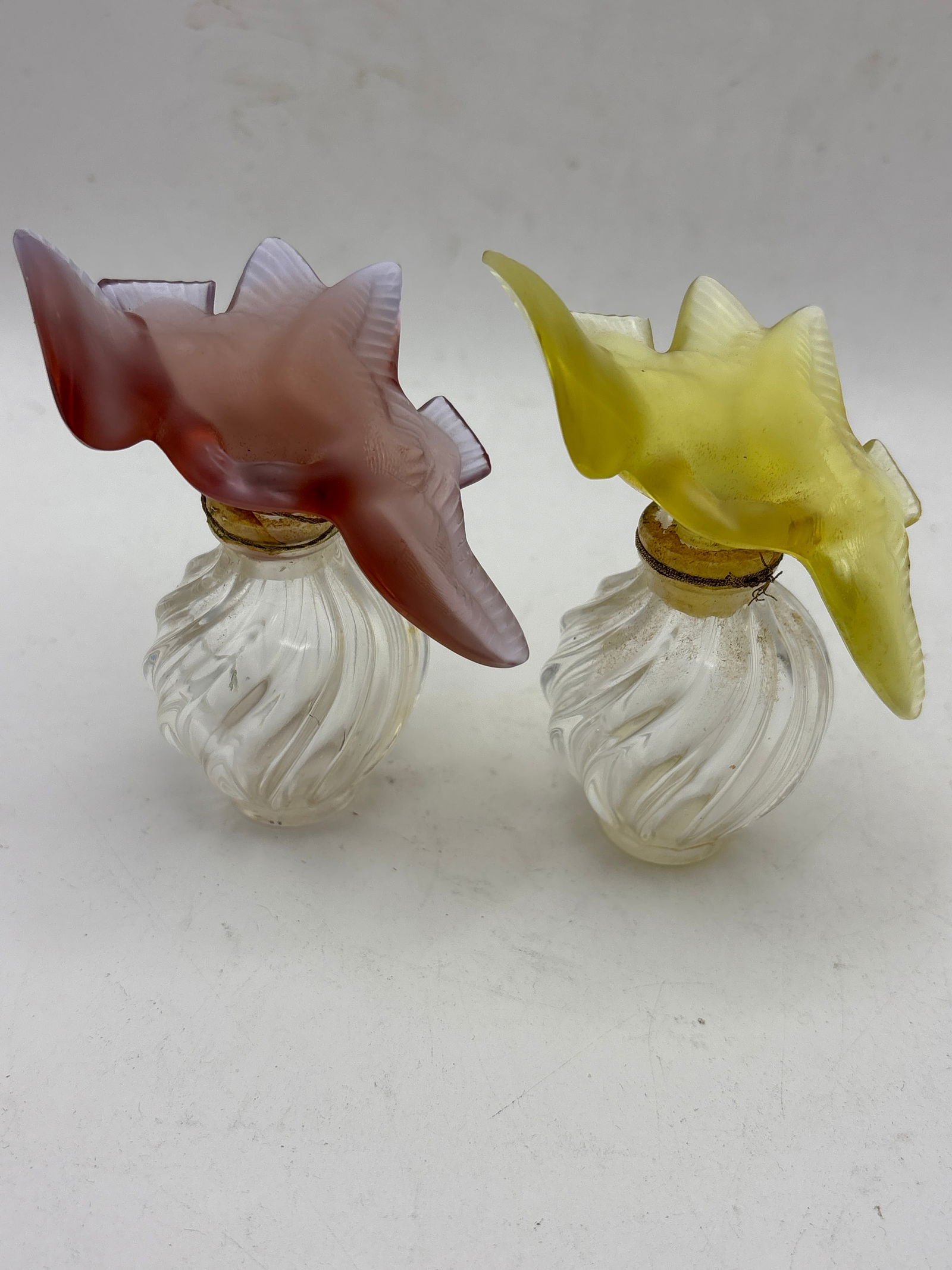 Two LALIQUE French crystal 2&1//2 inch Nina Ricci perfume bottles w/colored bird stoppers (1 of 6)