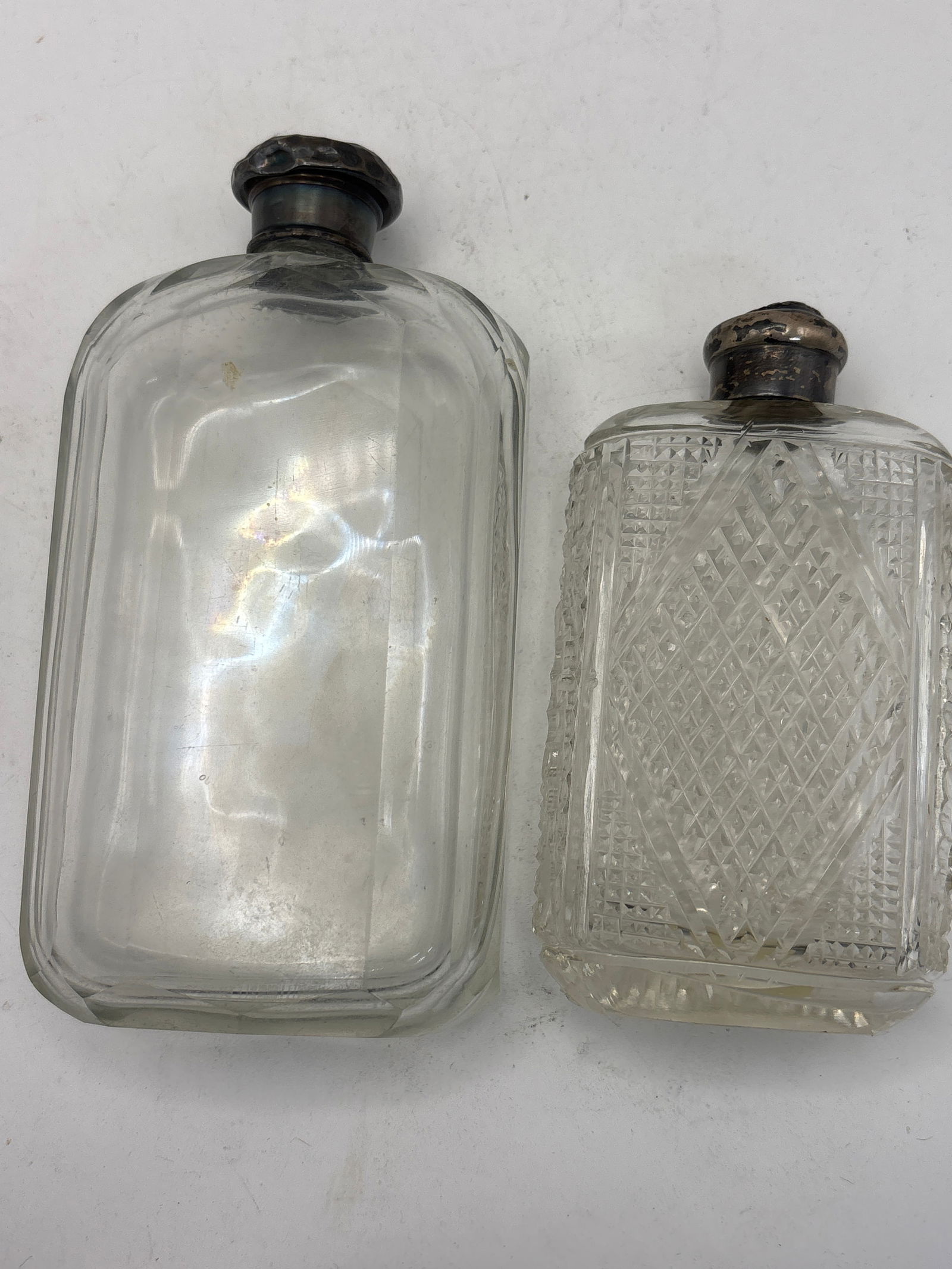 Two 19th C. Cut glass flask bottles w/sterling lids (1 of 9)