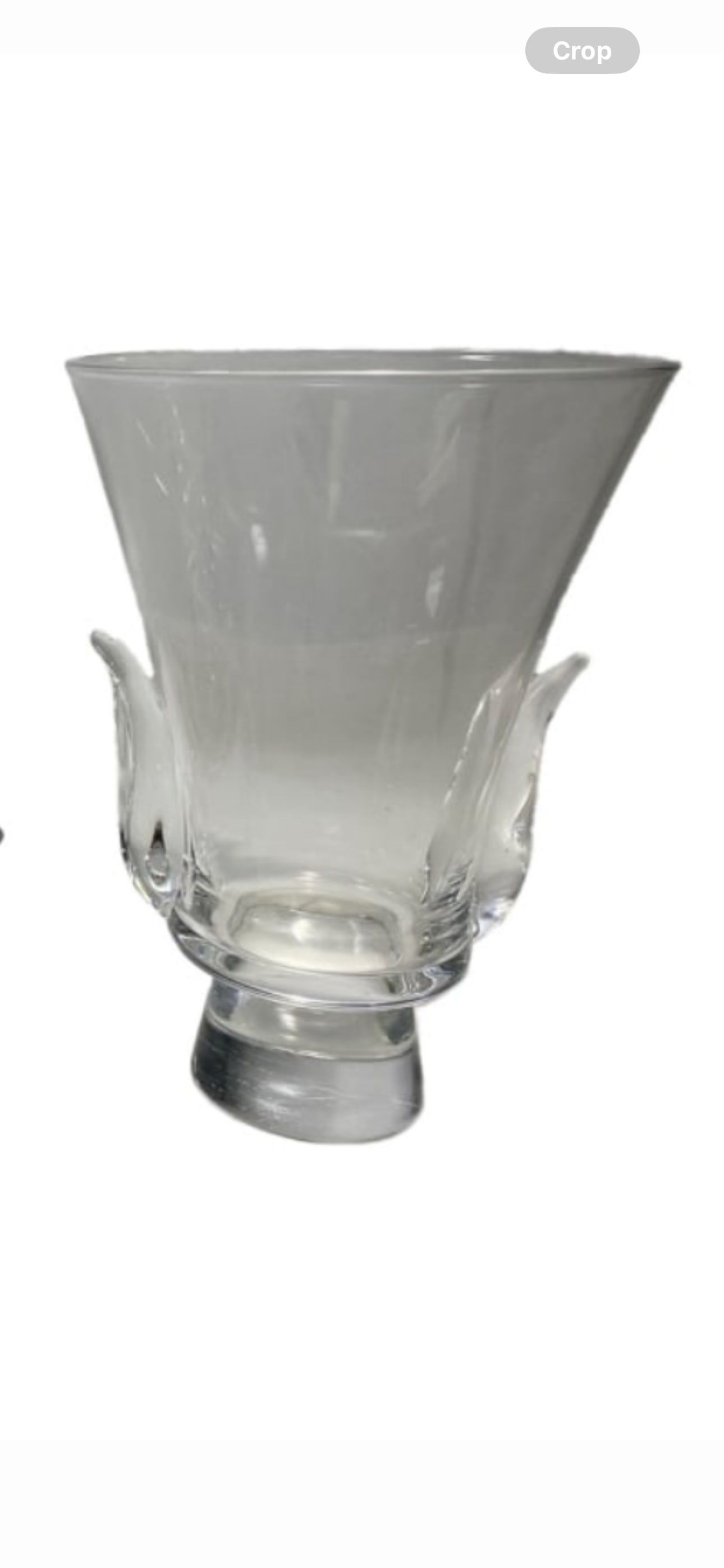 Signed Steuben clear crystal piece trumpet-form 7.25 inch vase: Steuben clear crystal piece trumpet-form vase with a thick circular foot and applied handles, titled Lyre by Lloyd Atkins; signed Steuben on base,approximately 7.25 inches tall by 5 inches wide.No box
