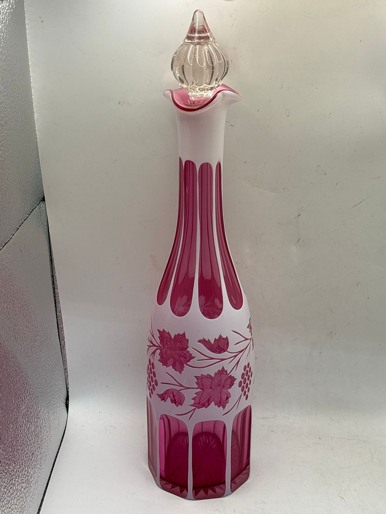 Vict. Bohemian cranberry cut overlay art glass 13Inch decanter bottle (1 of 6)