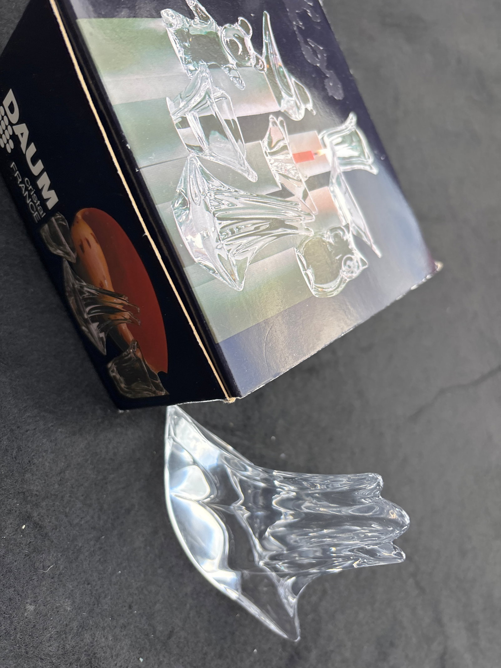 Two Daum Cristal France clear 5 inches high sailboat statues: Two Daum Cristal France clear 5 inches high sailboat statues; one with boxes. New old stock with original boxes. Good condition, no chips, cracks, etc