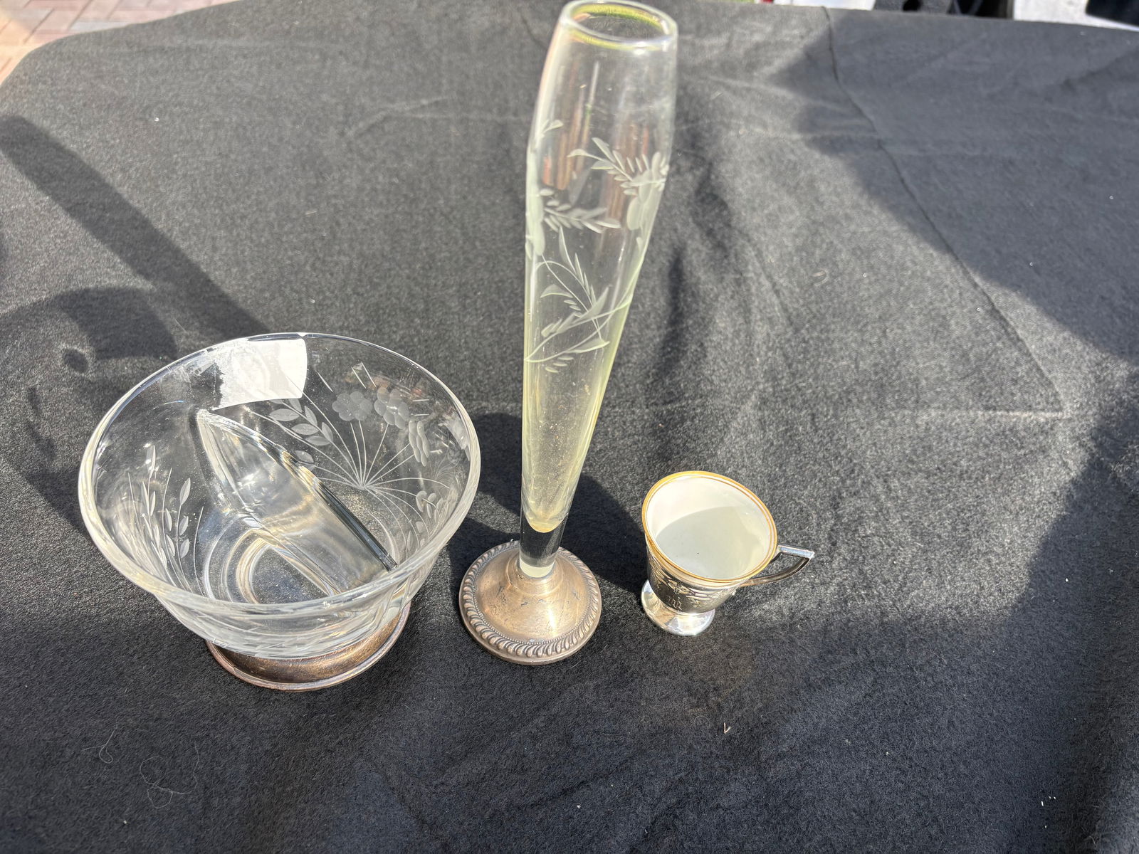 Three items; Sterling cup &2 sterling based crystal pieces including a 9 inch vase (1 of 7)