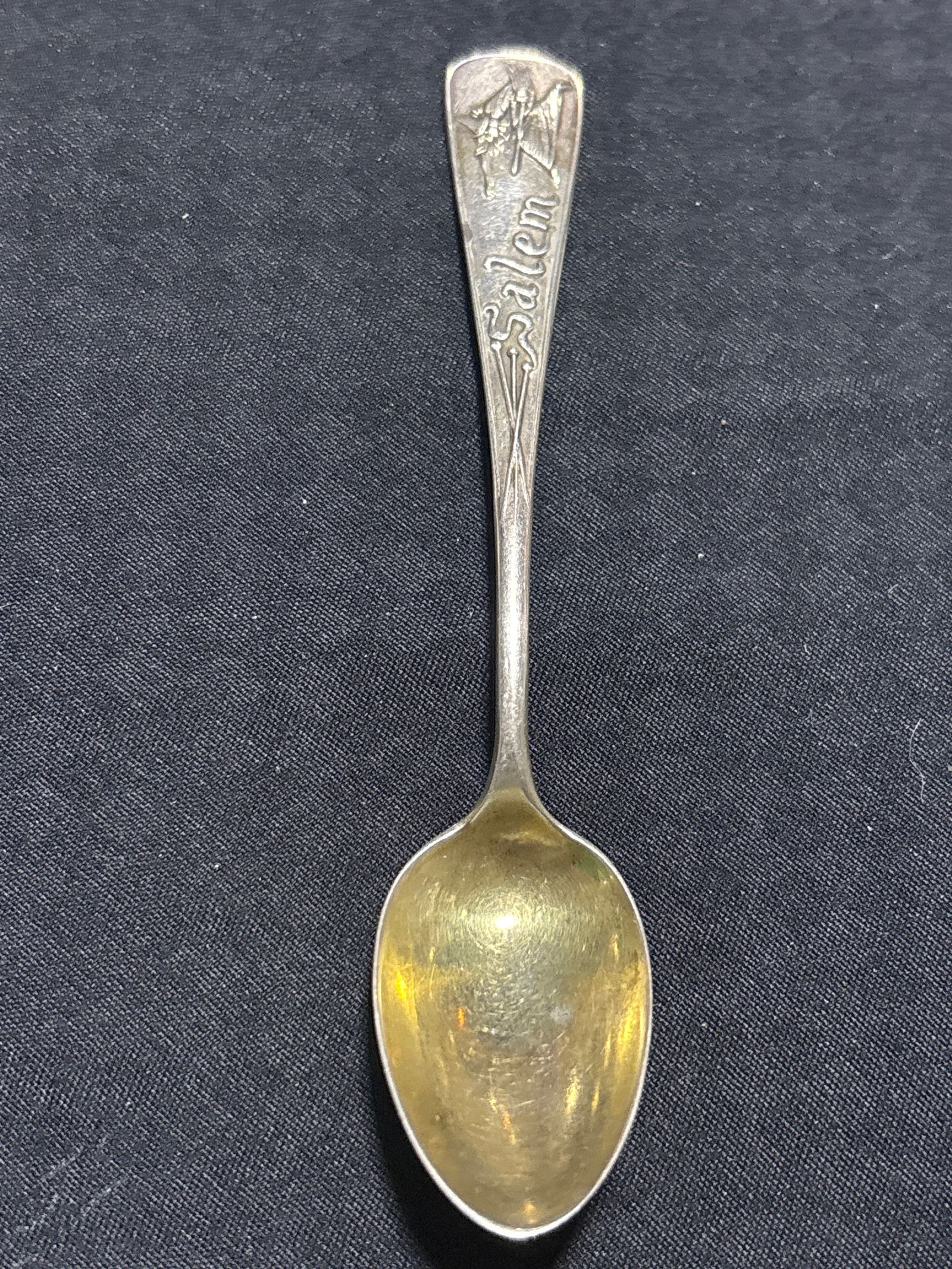 Antique small Salem souvenir spoon depicting a witch on broomstick; 4&1/4 inch; 11 grams (1 of 7)