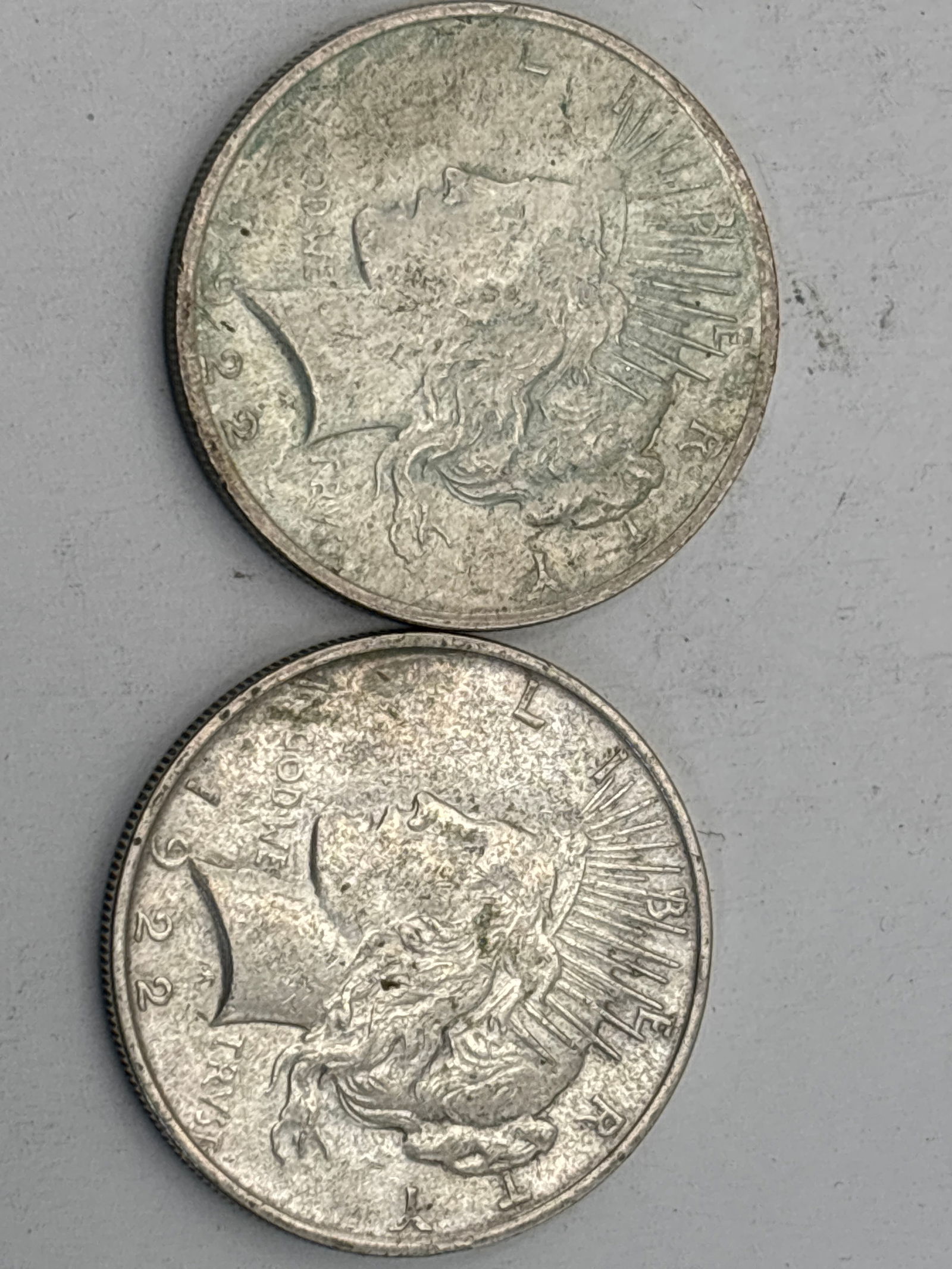 Lot of Two original 1922 silver Peace dollar coins (1 of 5)