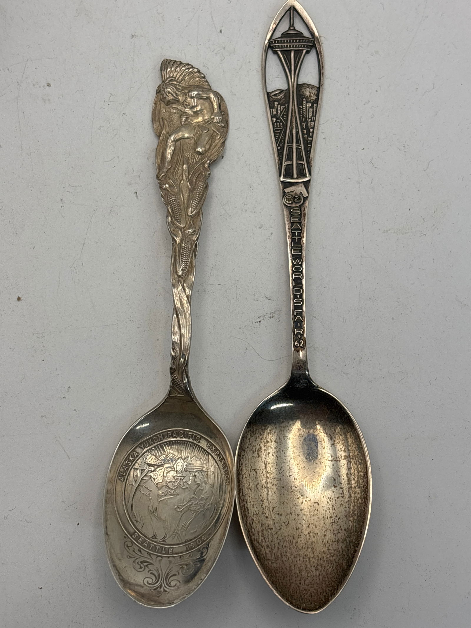 Two Seattle, Wa. Sterling silver souvenir spoons; 31 grams, 62 Worlds Fair & 1909 Exposition (1 of 6)