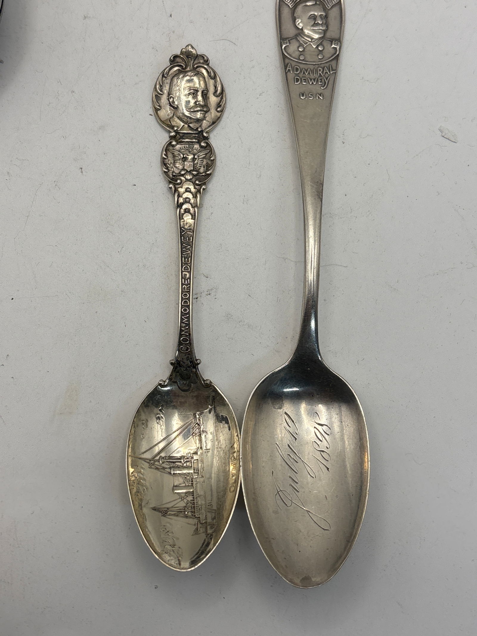 Olympia ship; Two historic Sterling silver spoons.1898 Admiral Dewey & Commodore 37grams (1 of 7)