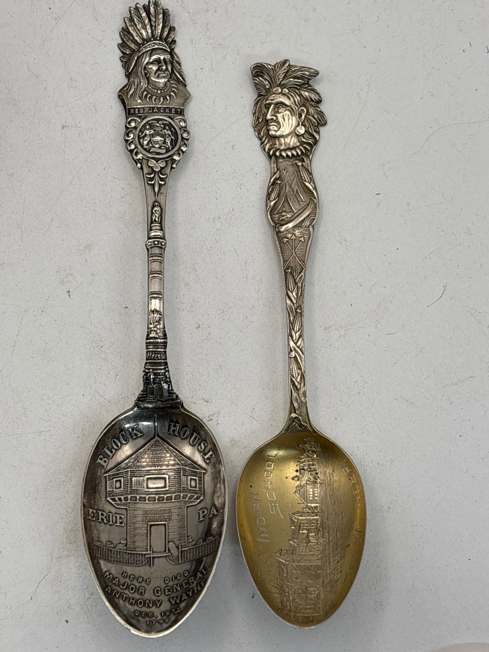 Two Historic Native American Sterling spoons;Block House Erie, Pa & Indian School; 33grams (1 of 6)