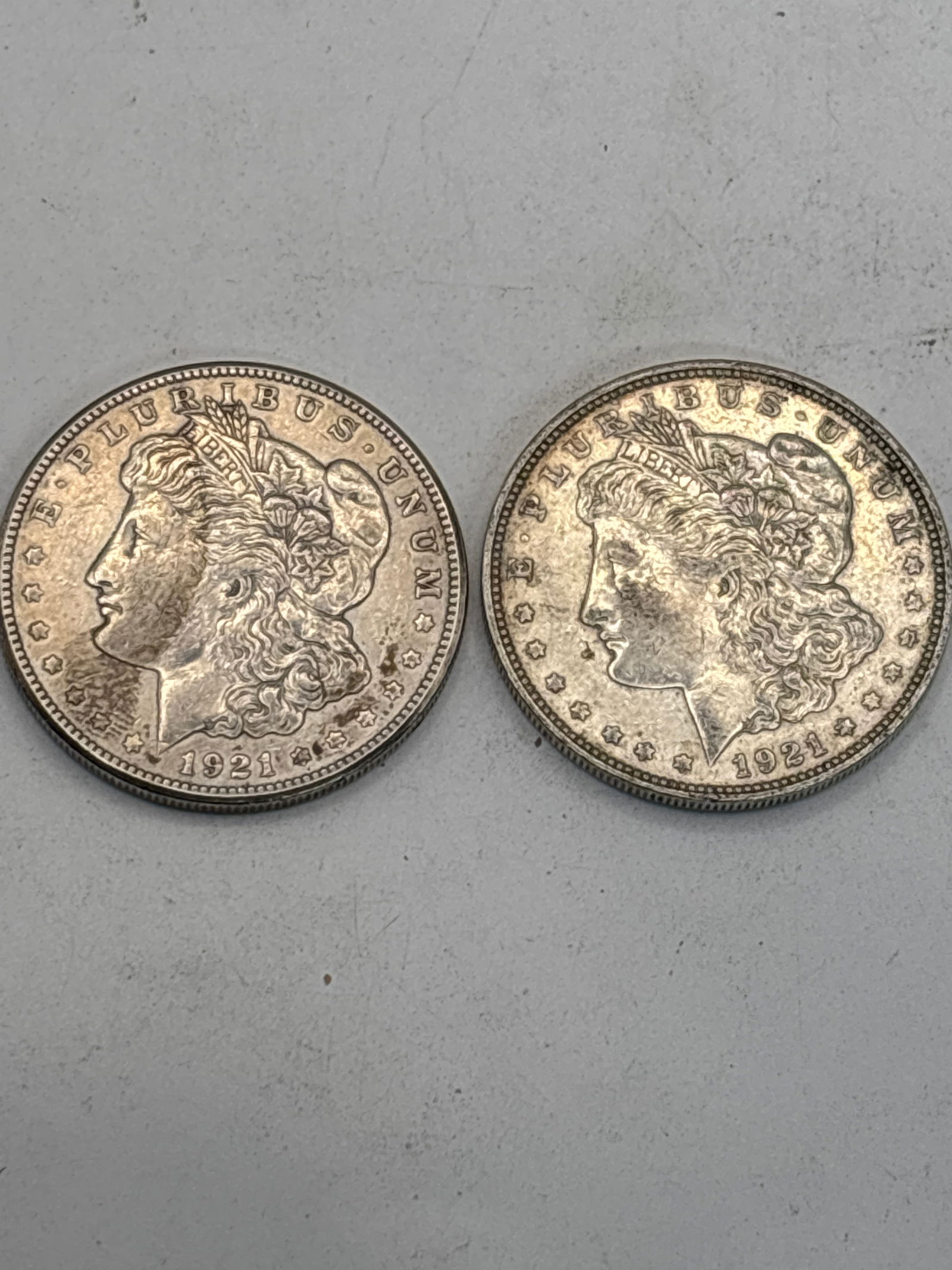 Two original dated 1921 Morgan American silver dollars (1 of 5)