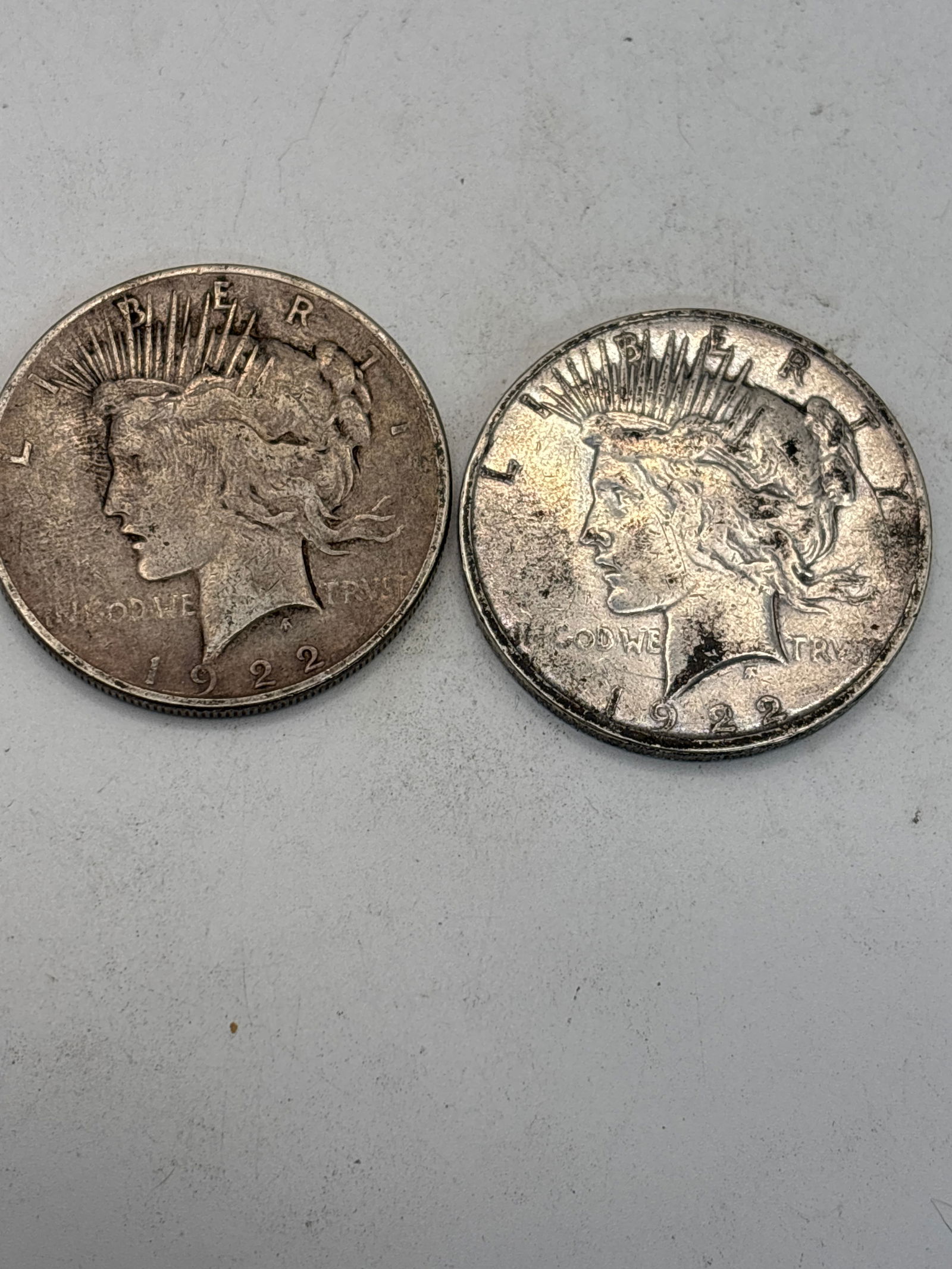 Two original dated 1922 Peace American silver dollars (1 of 5)