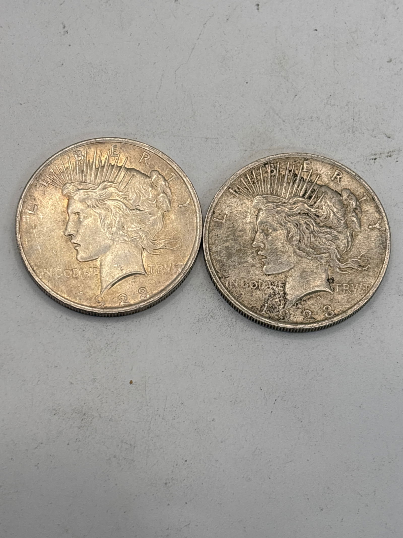 Two original dated 1923 Peace American silver dollars (1 of 5)