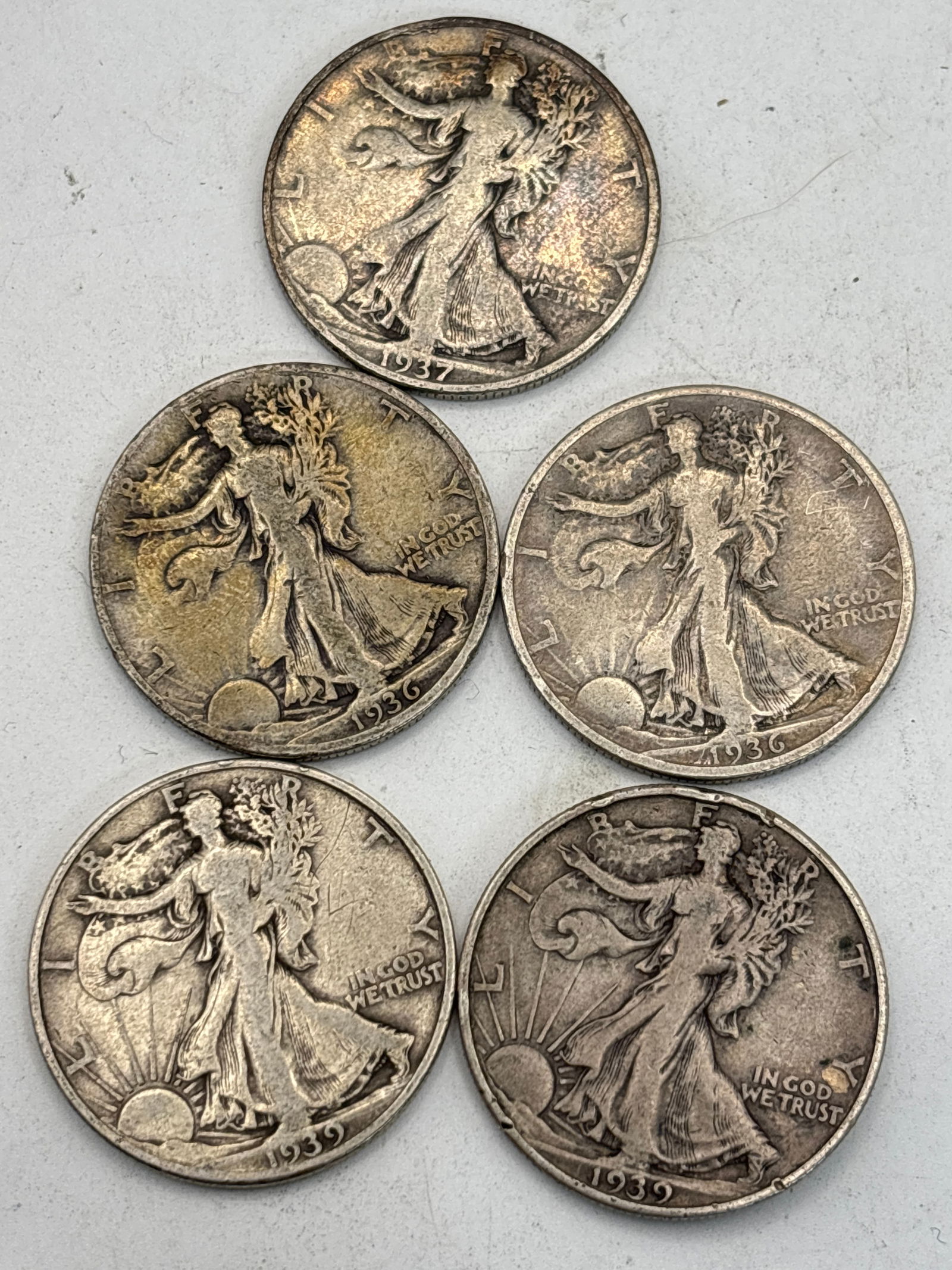 Five pre-WWII 1930’s silver Walking Liberty half dollar coins (.50) (1 of 5)