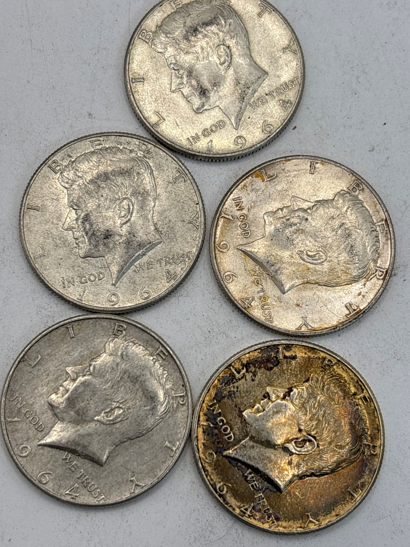 Five 1964 silver Kennedy half dollar (.50)coins (1 of 5)