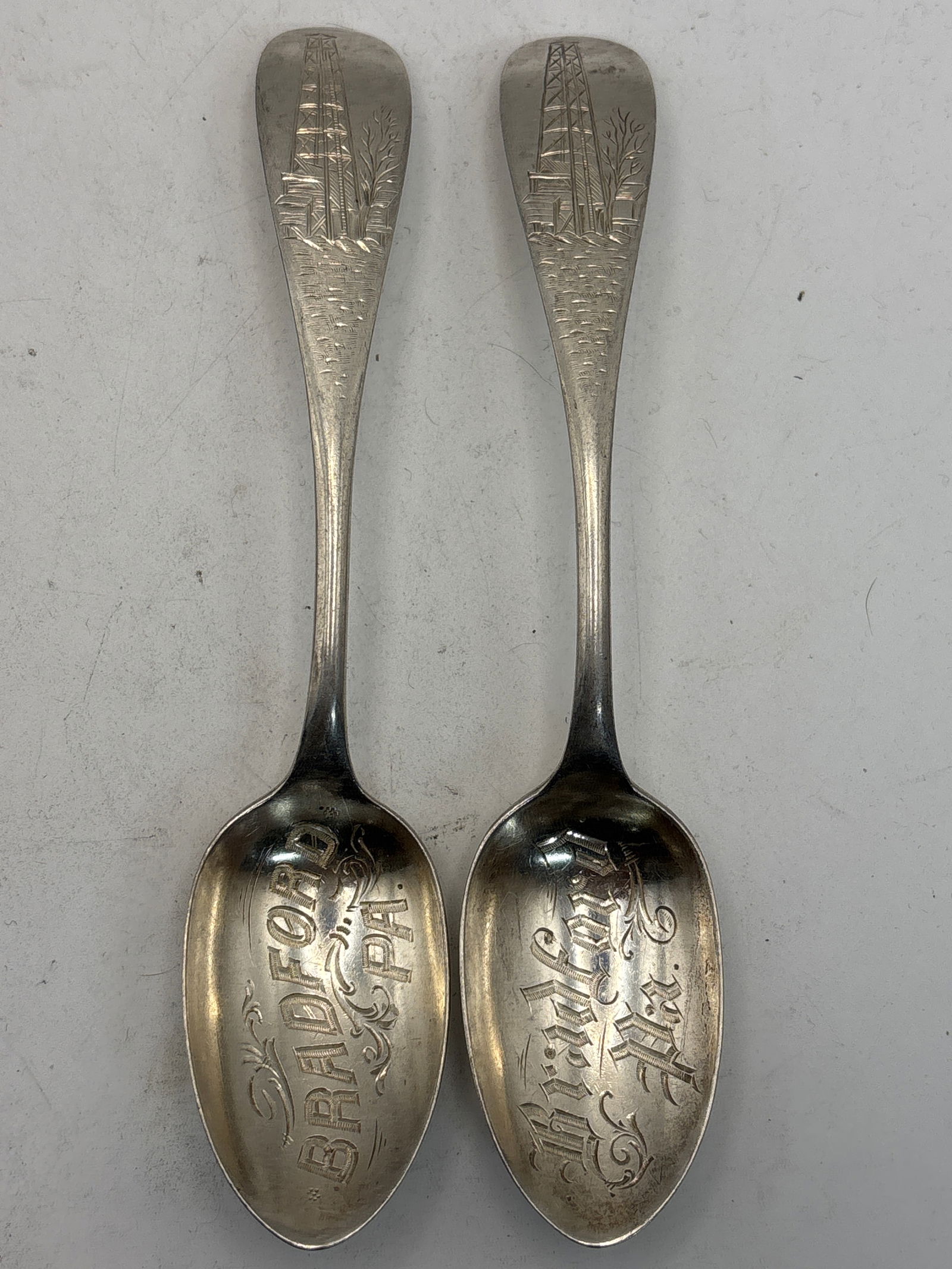 Pair oil rig design Bradford, Pa. Sterling silver 5&3/4 inch souvenir spoons; 42 grams (1 of 6)