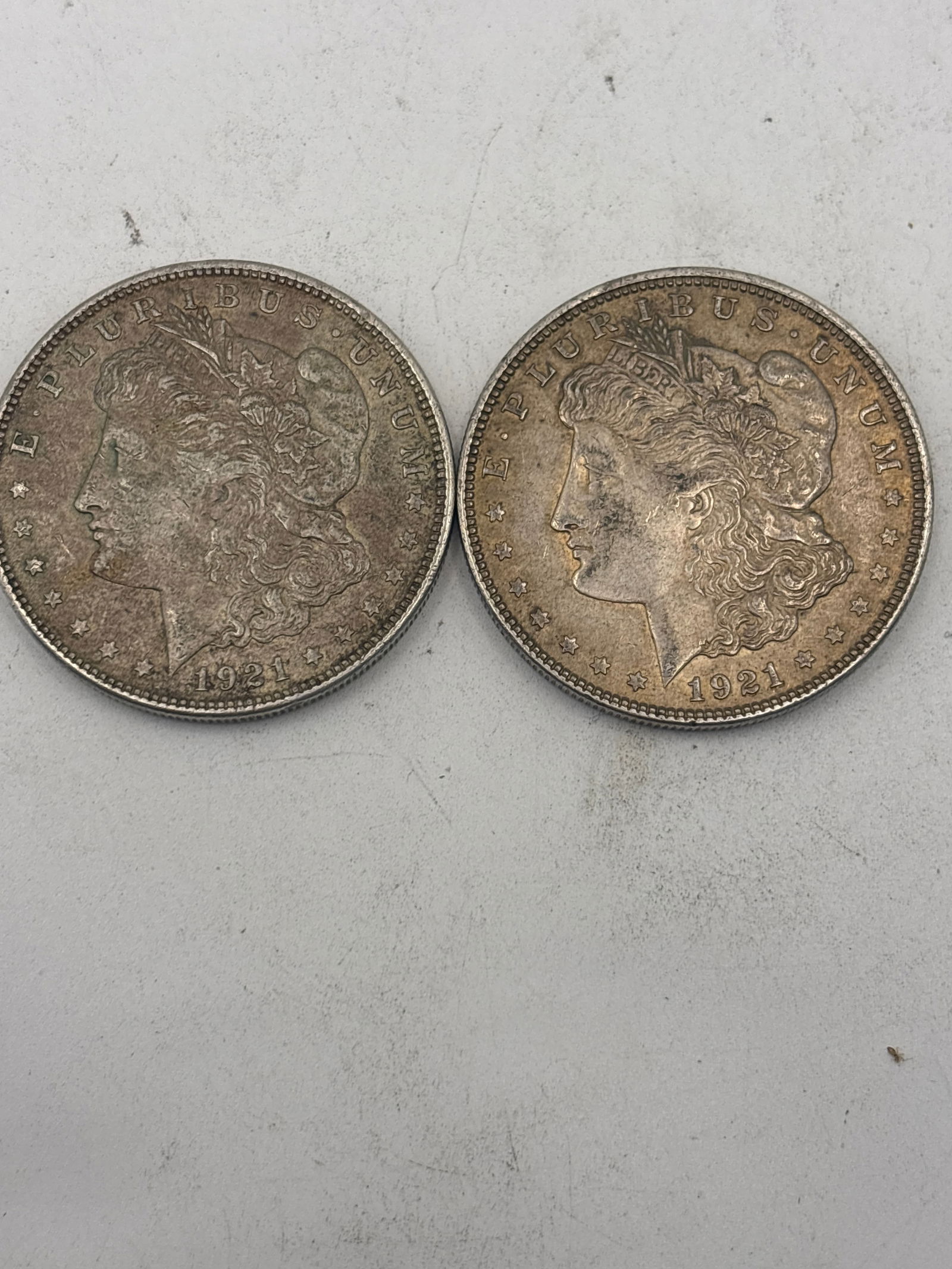 Two 1921 Original Morgan American silver dollars (1 of 5)