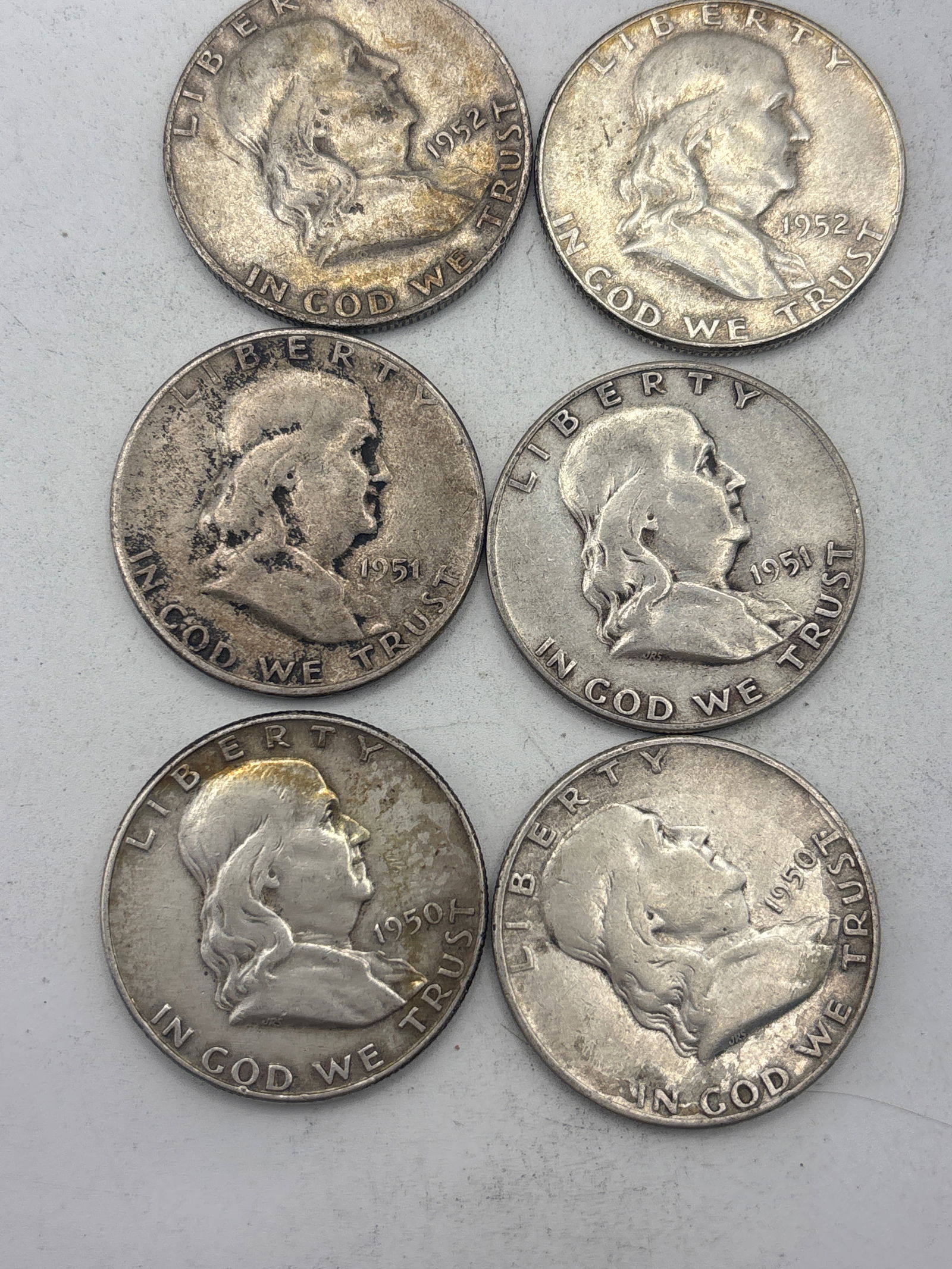 Six 1950’s Benjamin Franklin American silver half dollars (1 of 5)