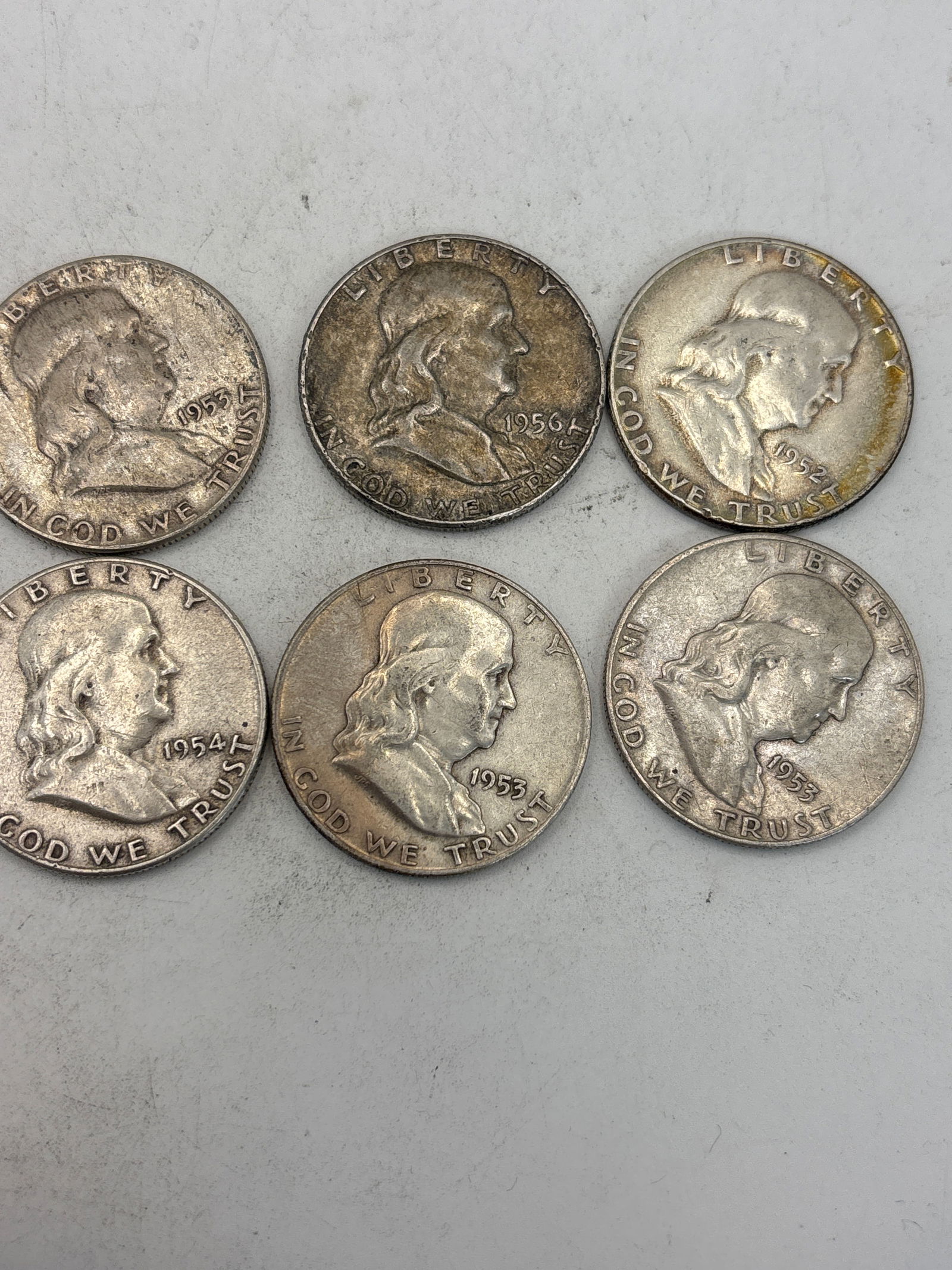 Six 1950’s Benjamin Franklin silver half dollars (.50) (1 of 7)