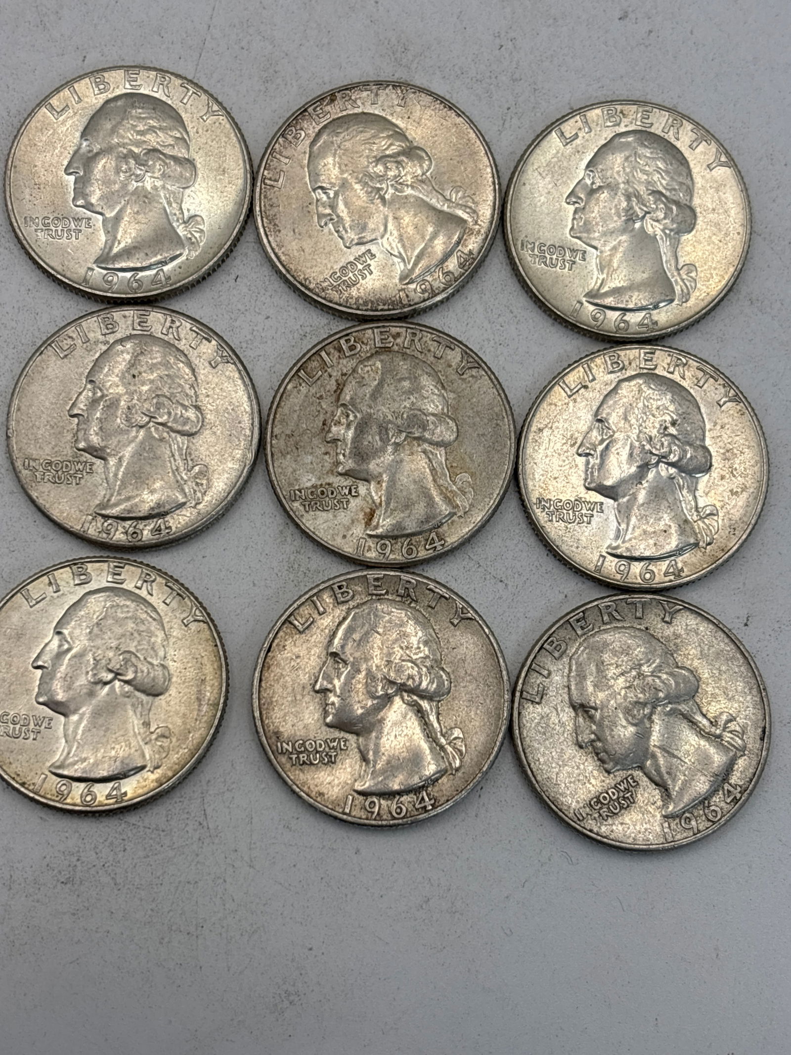 Nine 1964 Washington silver quarter dollars (.25) (1 of 5)