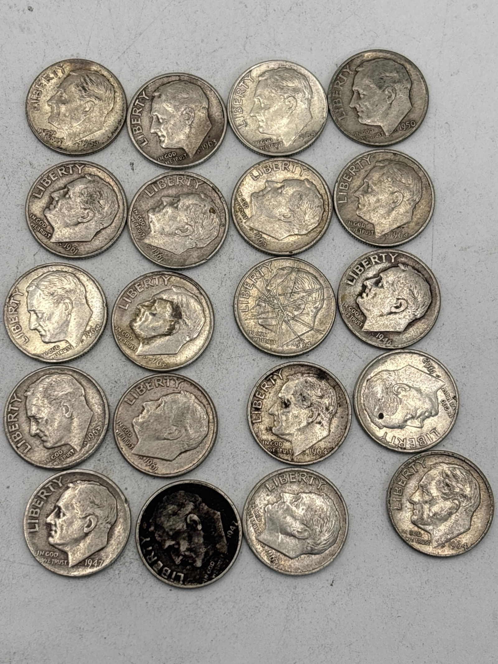 Twenty assorted 1964 & earlier Roosevelt silver dimes (1 of 6)