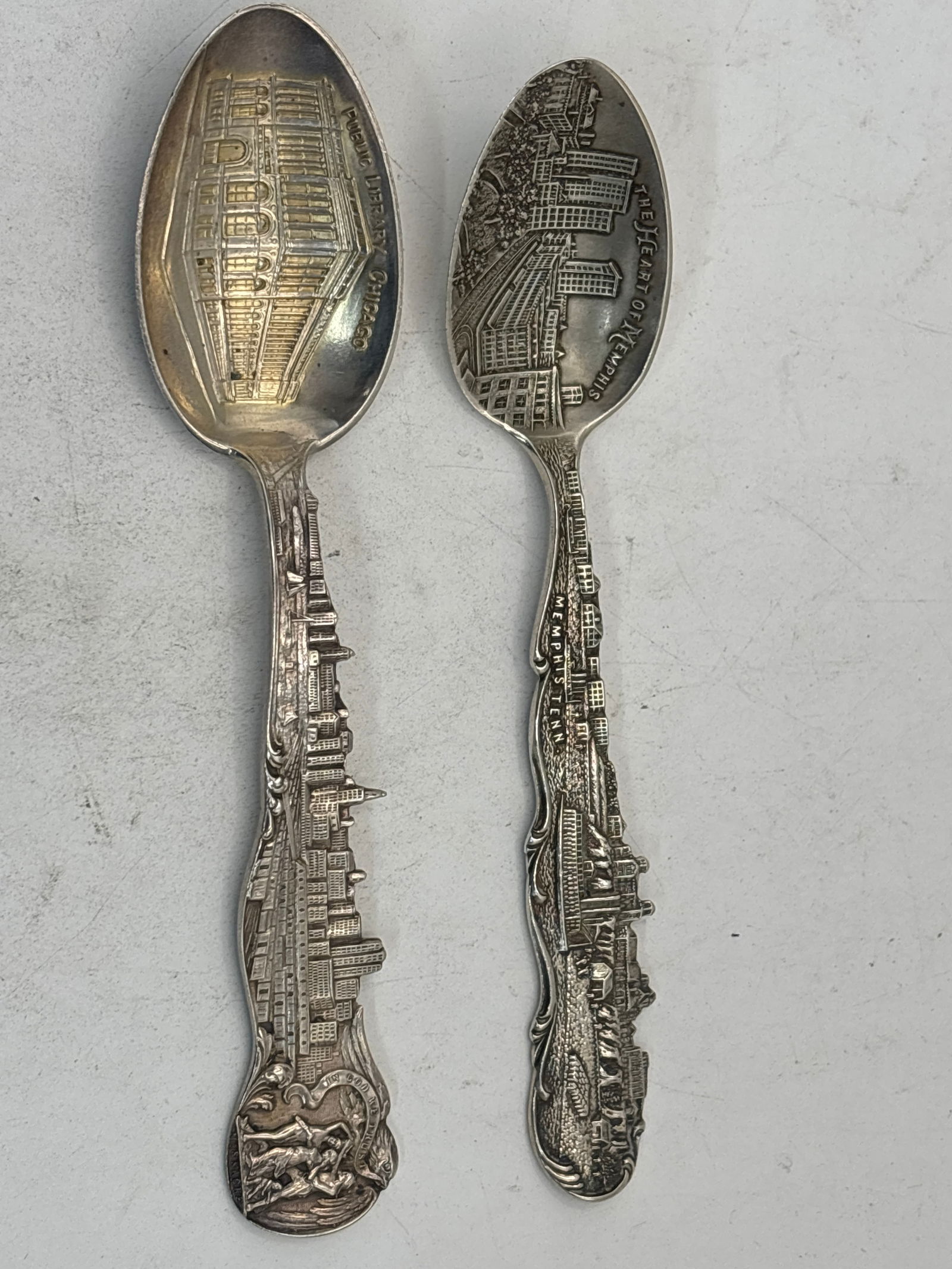 Rare two 19th C. Chicago & Memphis cityscape sterling silver 5&5/8 inch spoons; 56 grams (1 of 9)