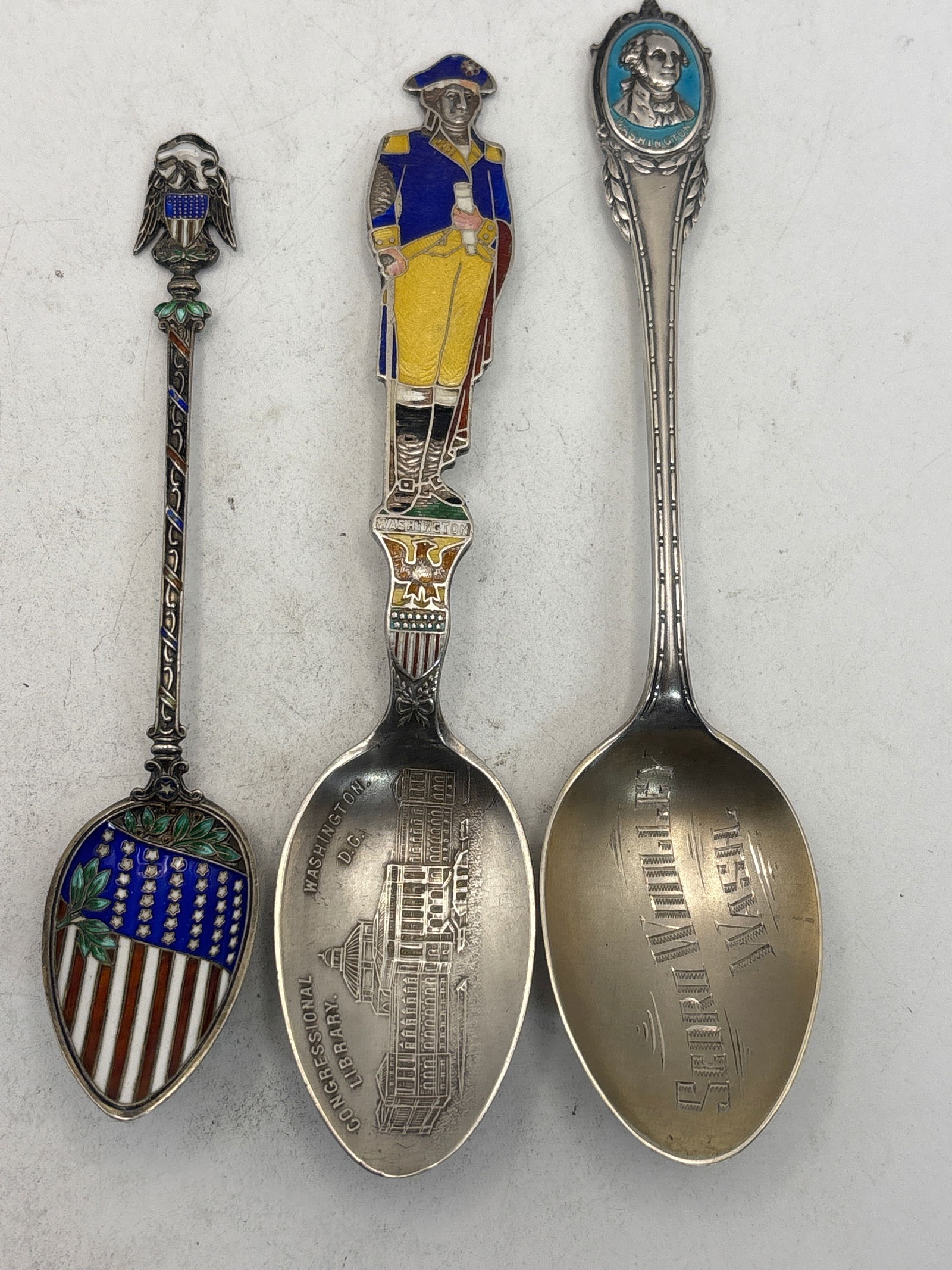 Rare three antique Washington commemorative enameled sterling silver spoons; 54 grams (1 of 10)