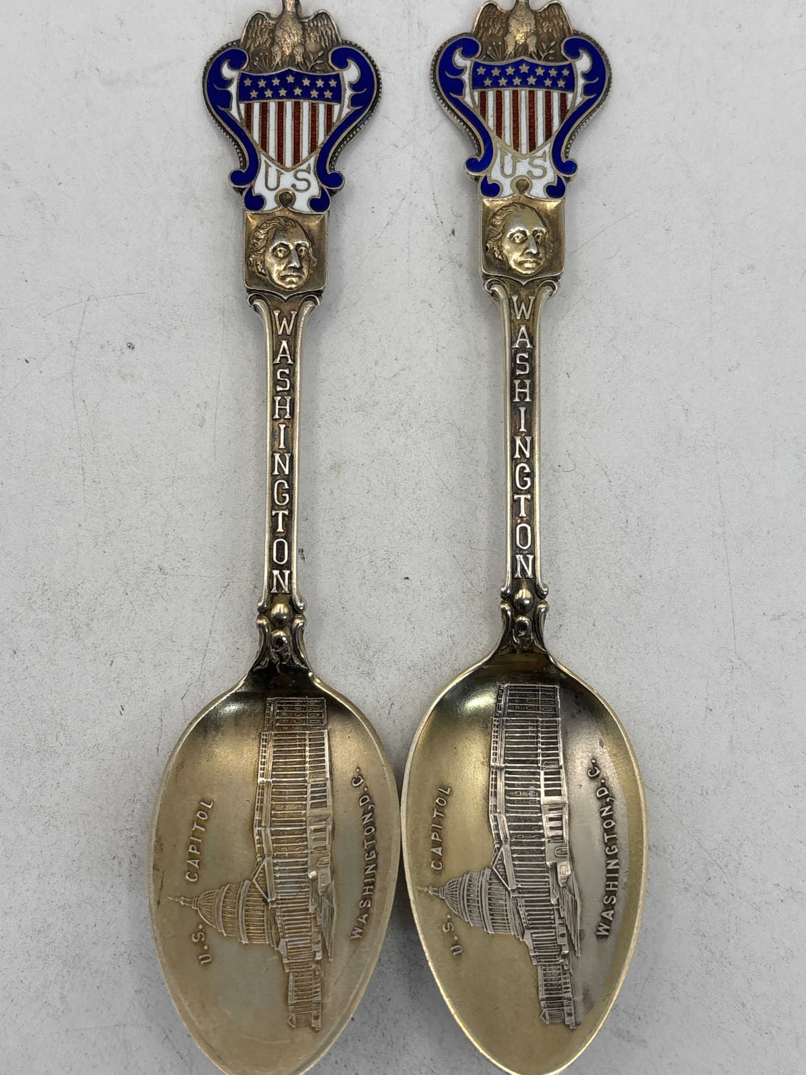Rare pair 1907 Washington The Capital enameled sterling silver 5&1/8 inch spoons; 39 grams (1 of 8)