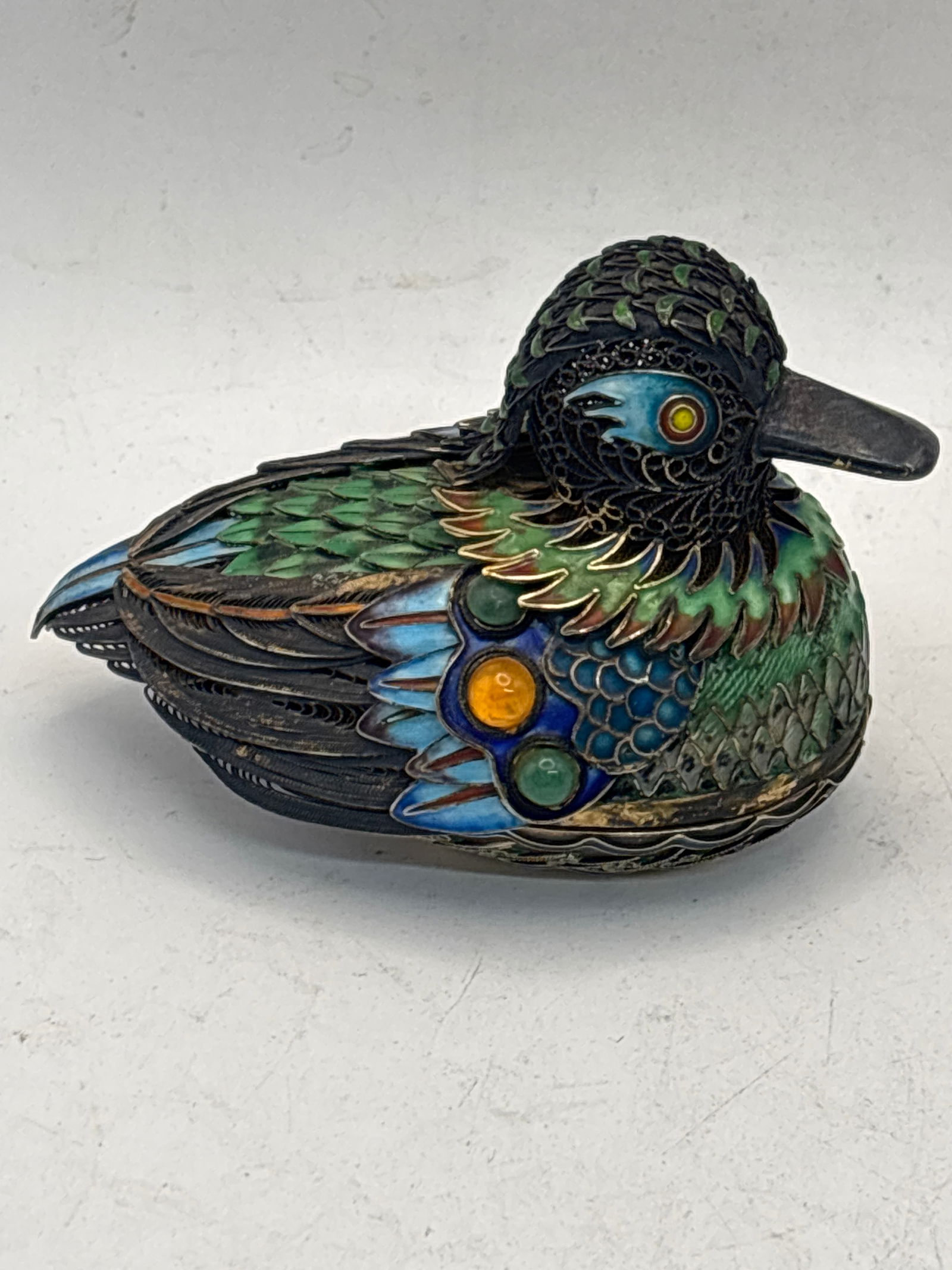 Rare Chinese enameled Peking duck form silver 3&1/2 inch covered box; 122 grams (1 of 11)