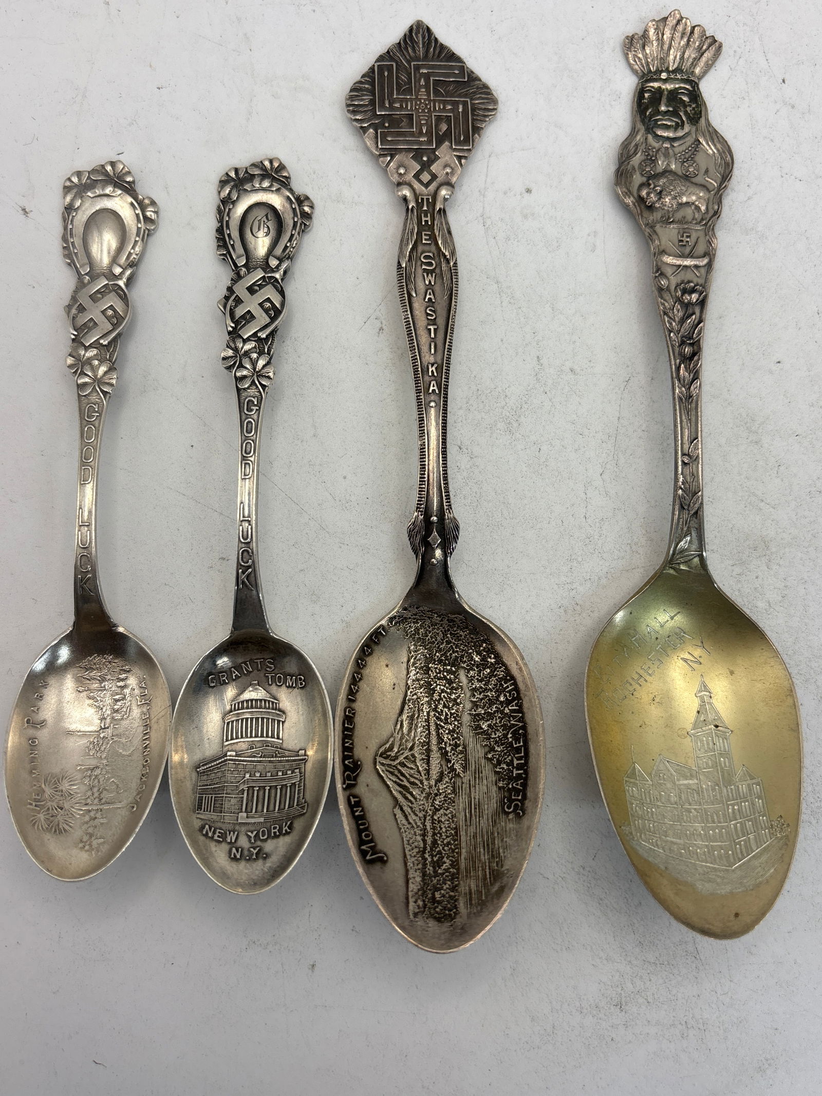 Four rare Native American Good Luck peace symbol sterling silver spoons; 52grams (1 of 9)