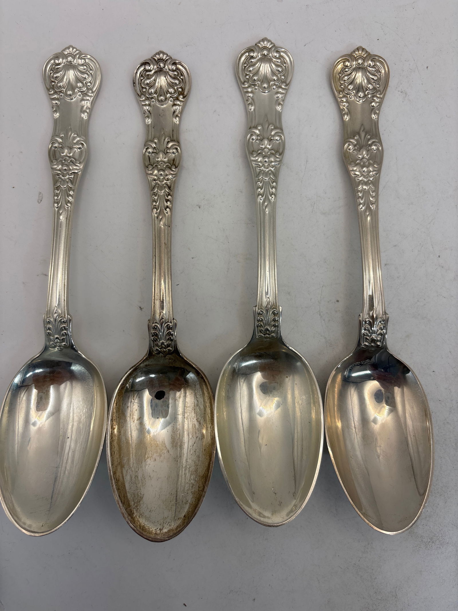 Large 7 inch Four Tiffany & Co English Kings pattern sterling silver spoons; 325 grams (1 of 8)