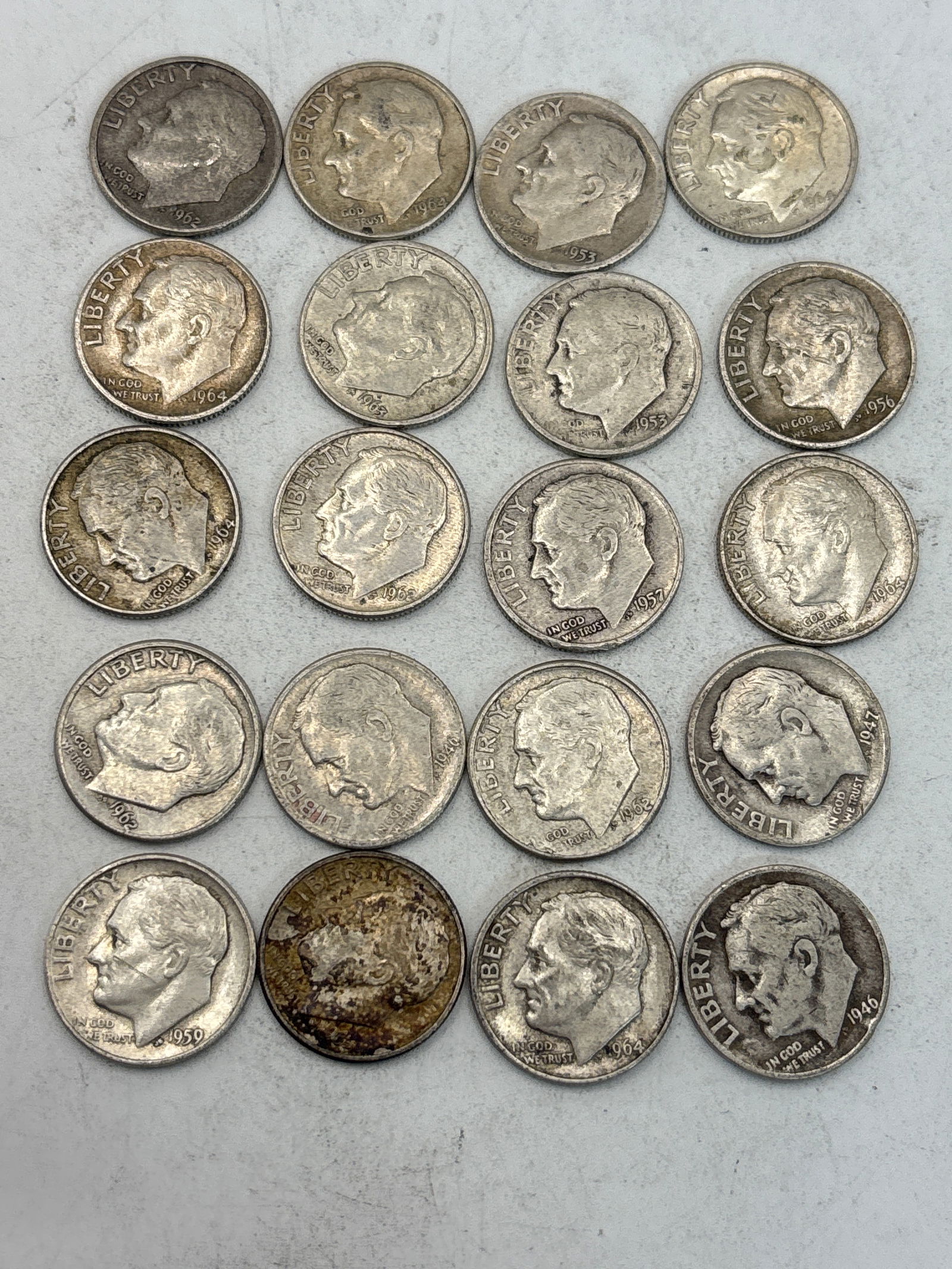 Twenty Roosevelt silver 1964 & earlier assorted dates & condition: Twenty Roosevelt silver 1964 & earlier assorted dates & condition .Circulated Good condition