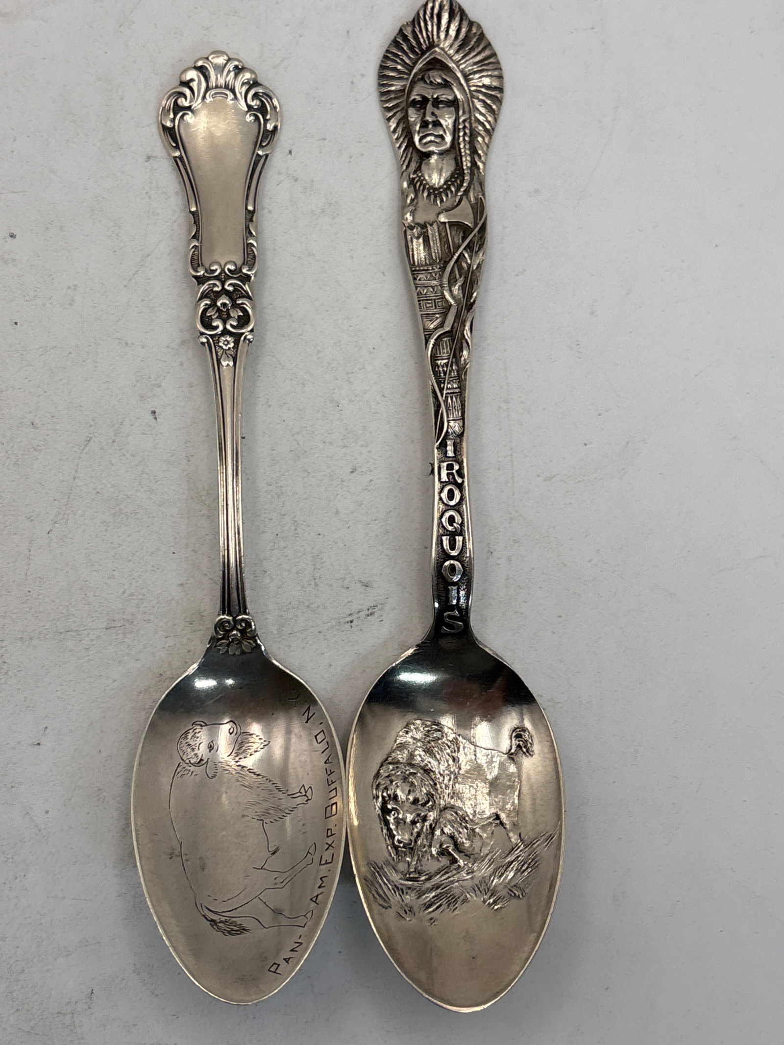 Two quality Antique Buffalo design sterling silver souvenir spoons; 50 grams (1 of 8)