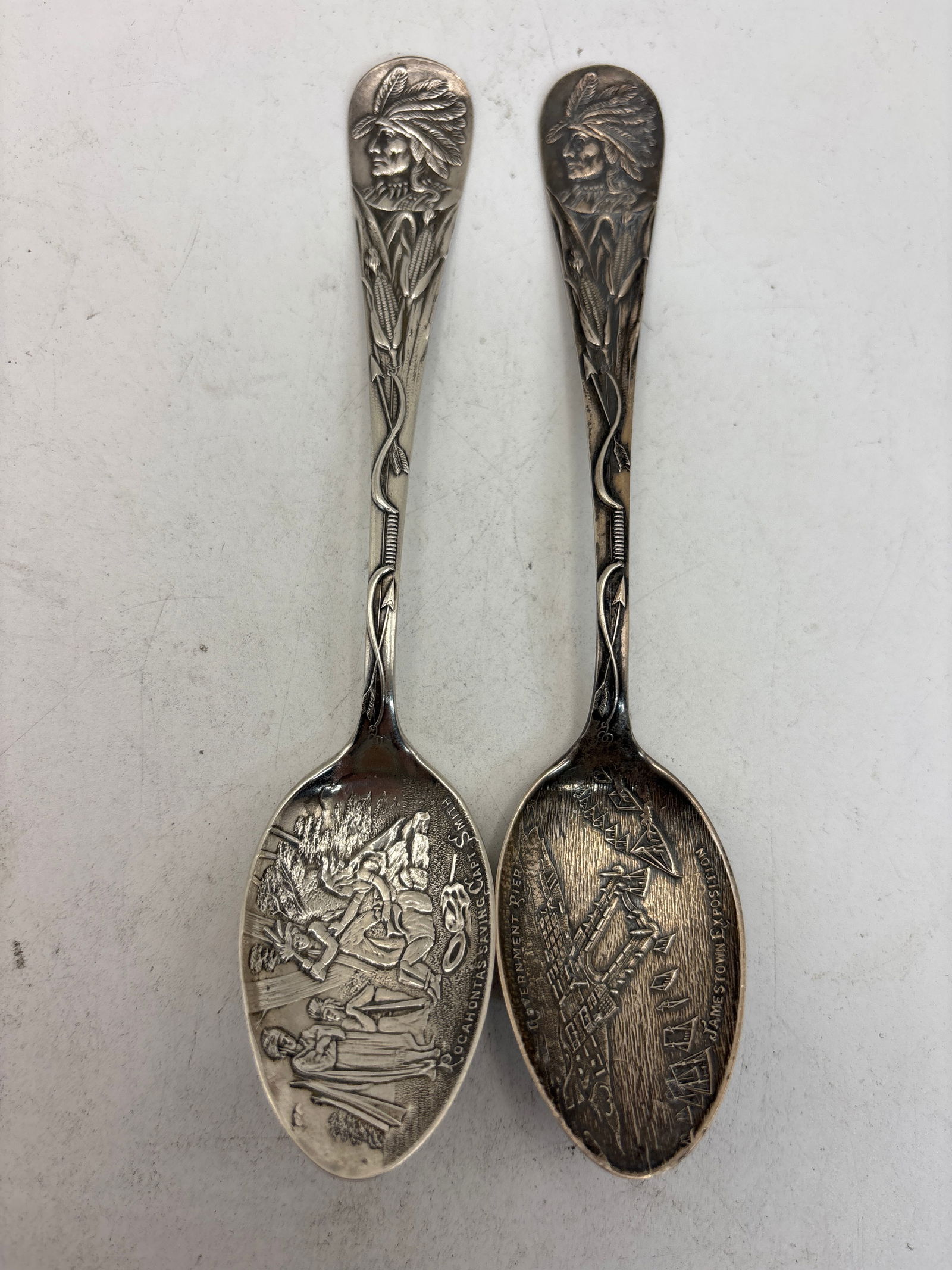 Two quality Antique historical design sterling silver souvenir 5&1/2 inch spoons; 41 grams (1 of 5)