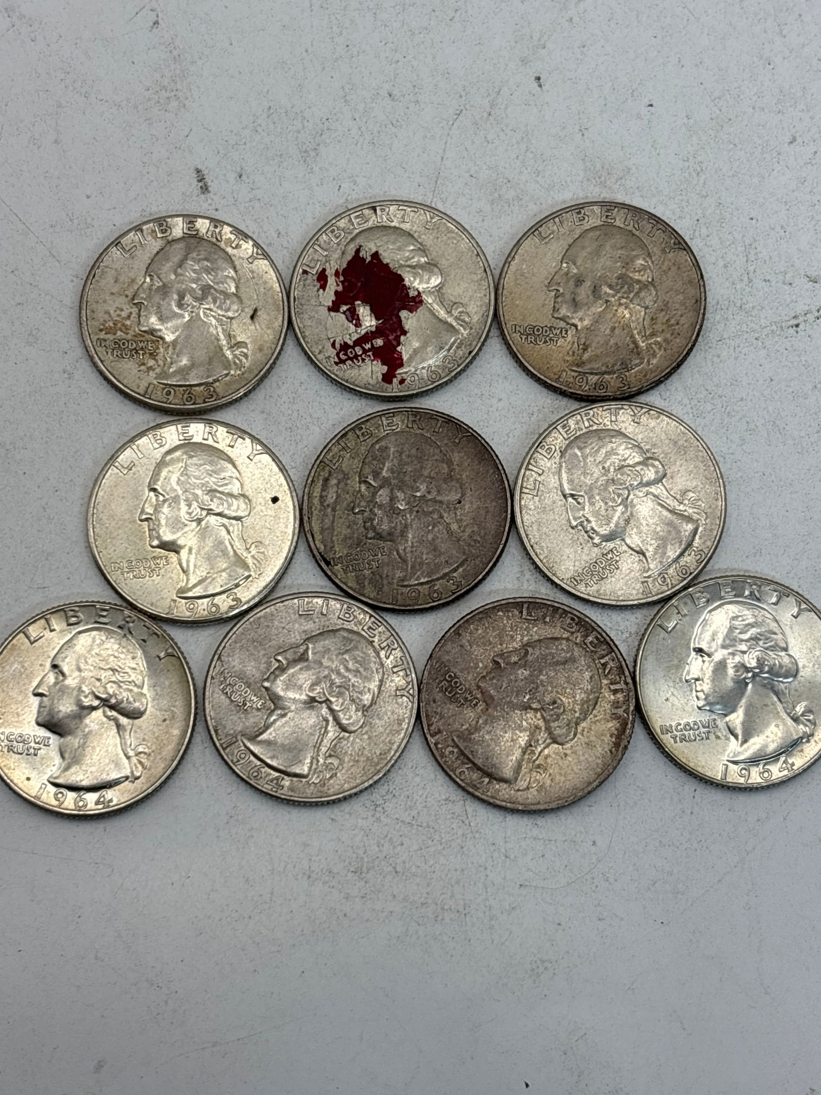 Ten 1963 & 1964 Washington silver quarters (1 of 4)