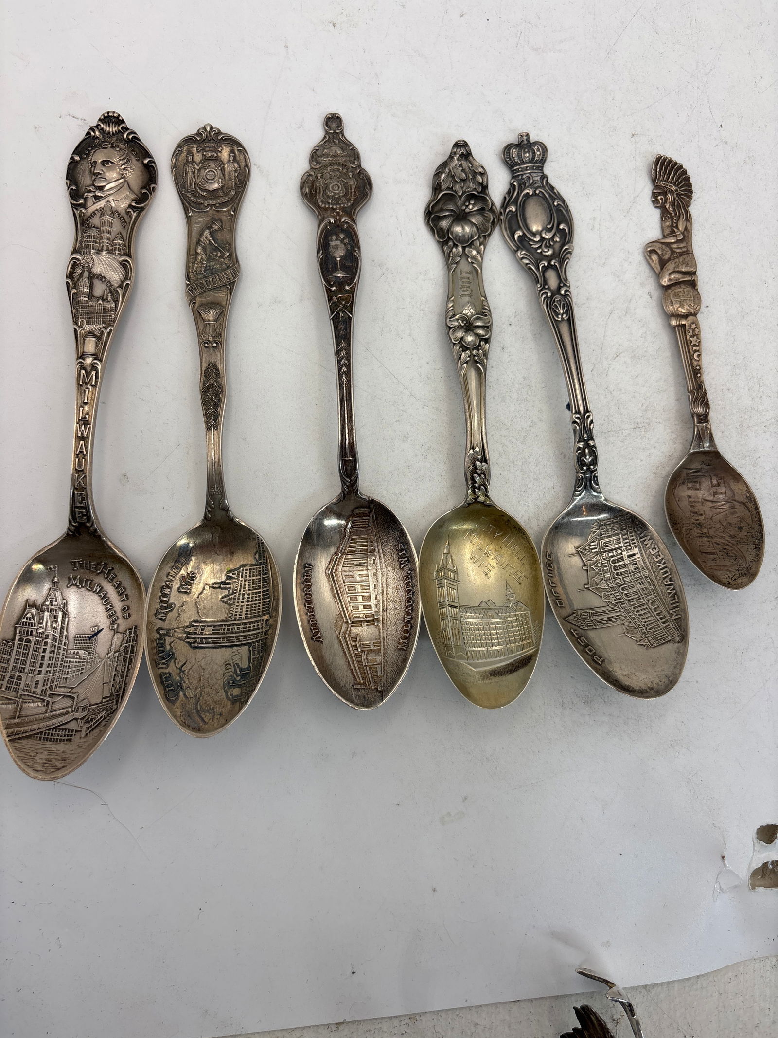 Six Wisconsin Historical sterling silver souvenir spoons; 98 grams (1 of 12)