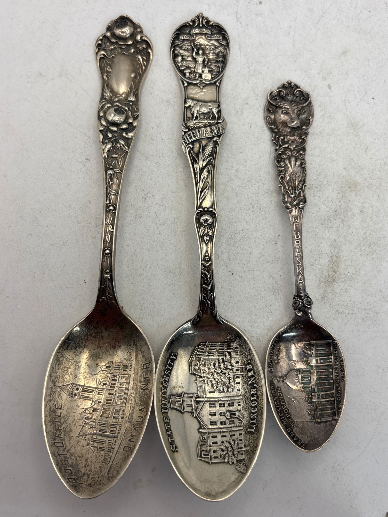 Three vintage Nebraska sterling silver souvenir spoons; 52 grams (1 of 5)