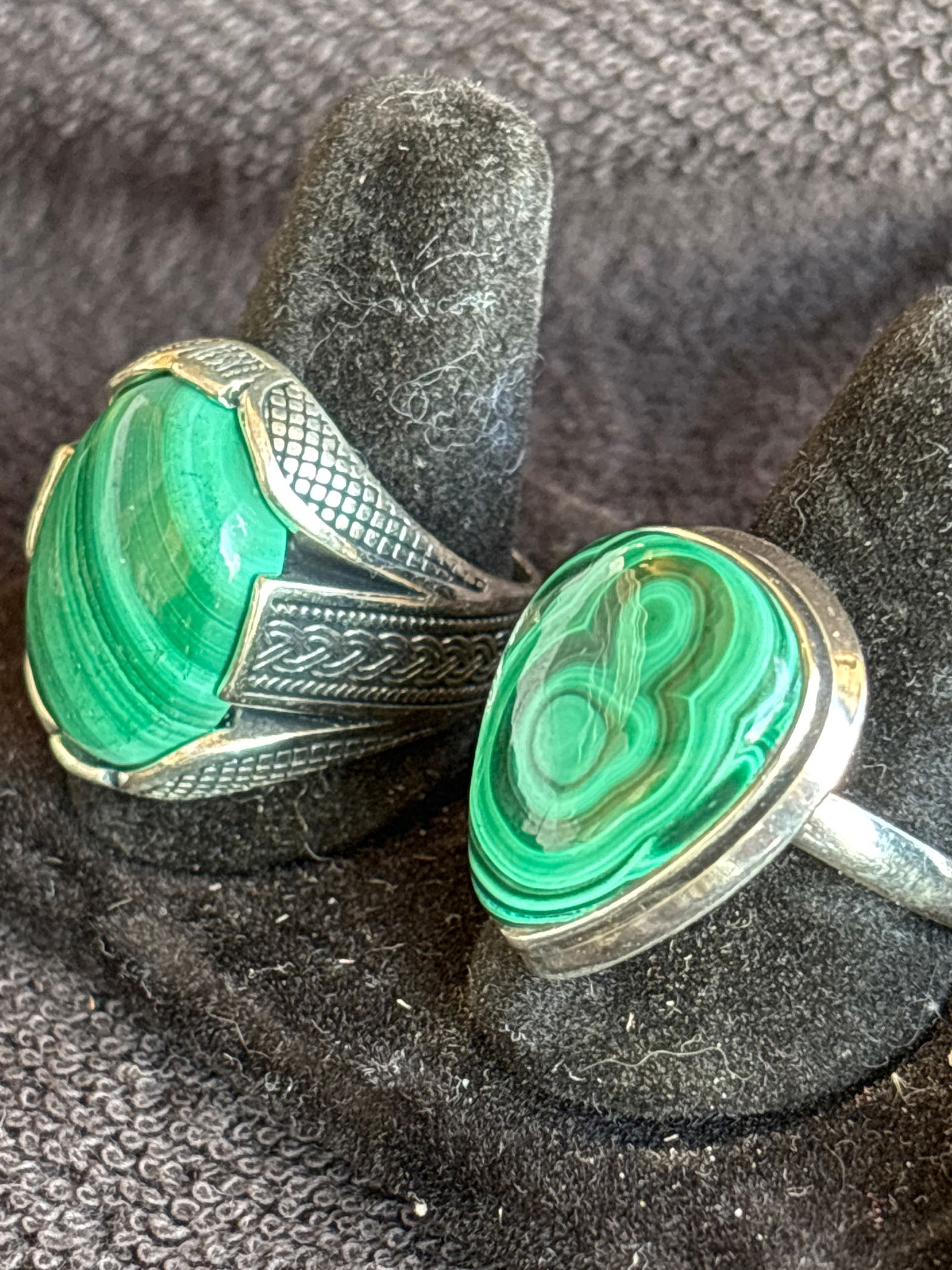 Two similar Malachite stone set sterling silver rings; 20 grams total (1 of 9)