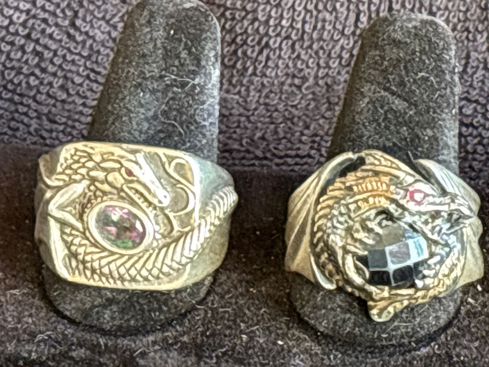 Two large similar dragon with jewel form sterling silver rings; 31 grams total (1 of 10)