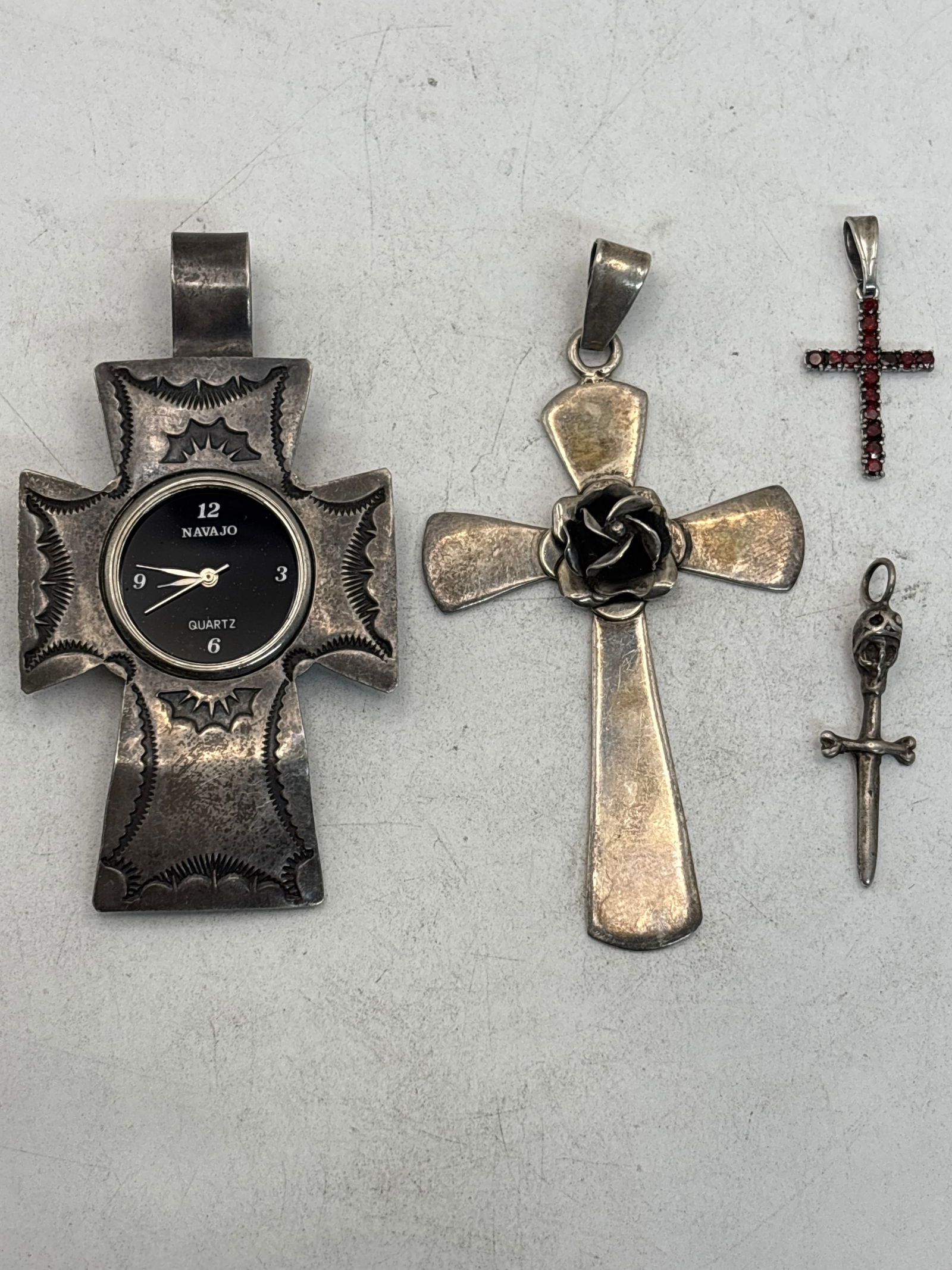 Four Native Indian/Mexican sterling silver cross pendants; 36 grams inclusive (1 of 9)