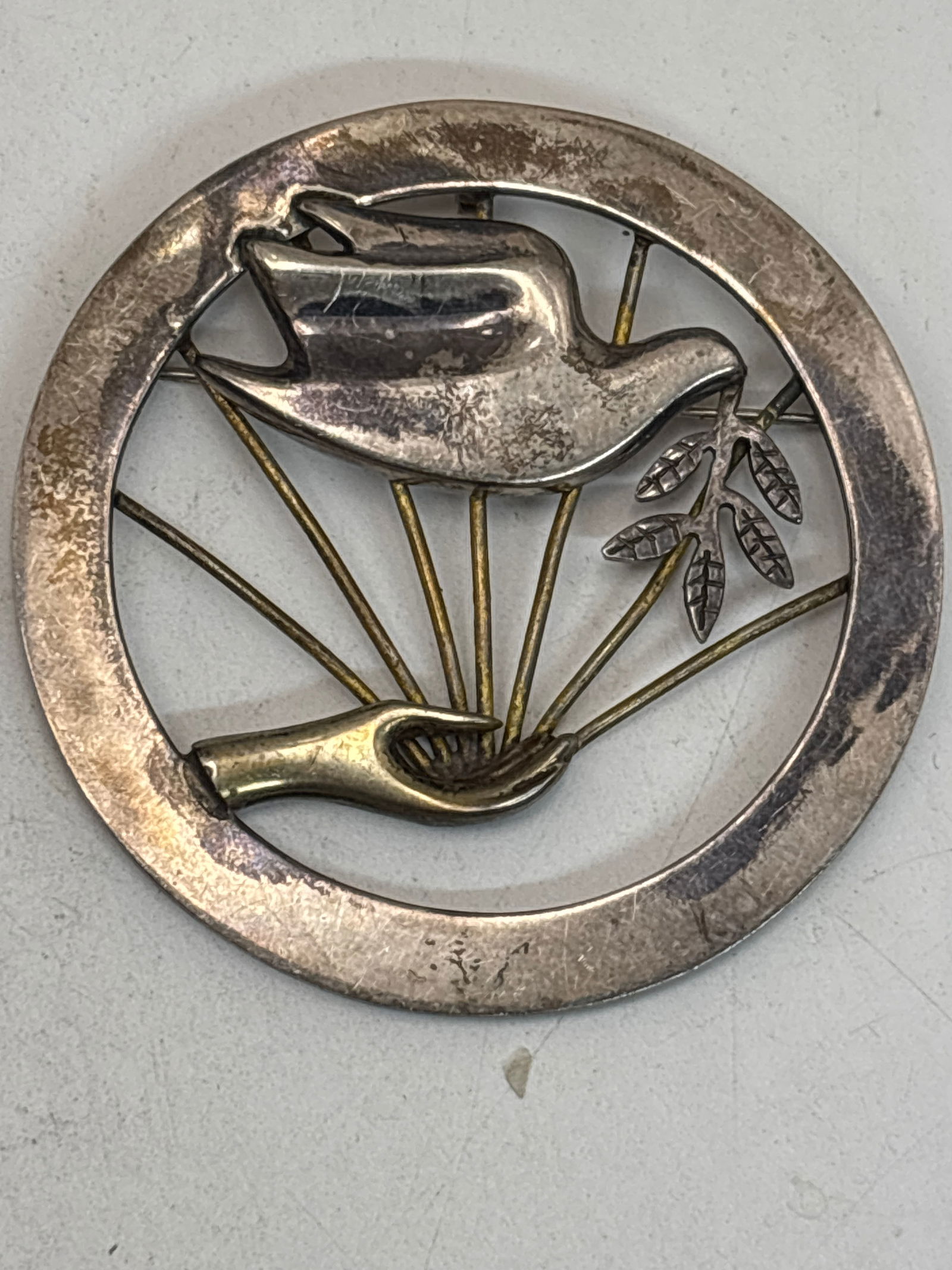 Vintage peace dove design 2&1/4 inch sterling silver circular pin/brooch; 25 grams (1 of 6)