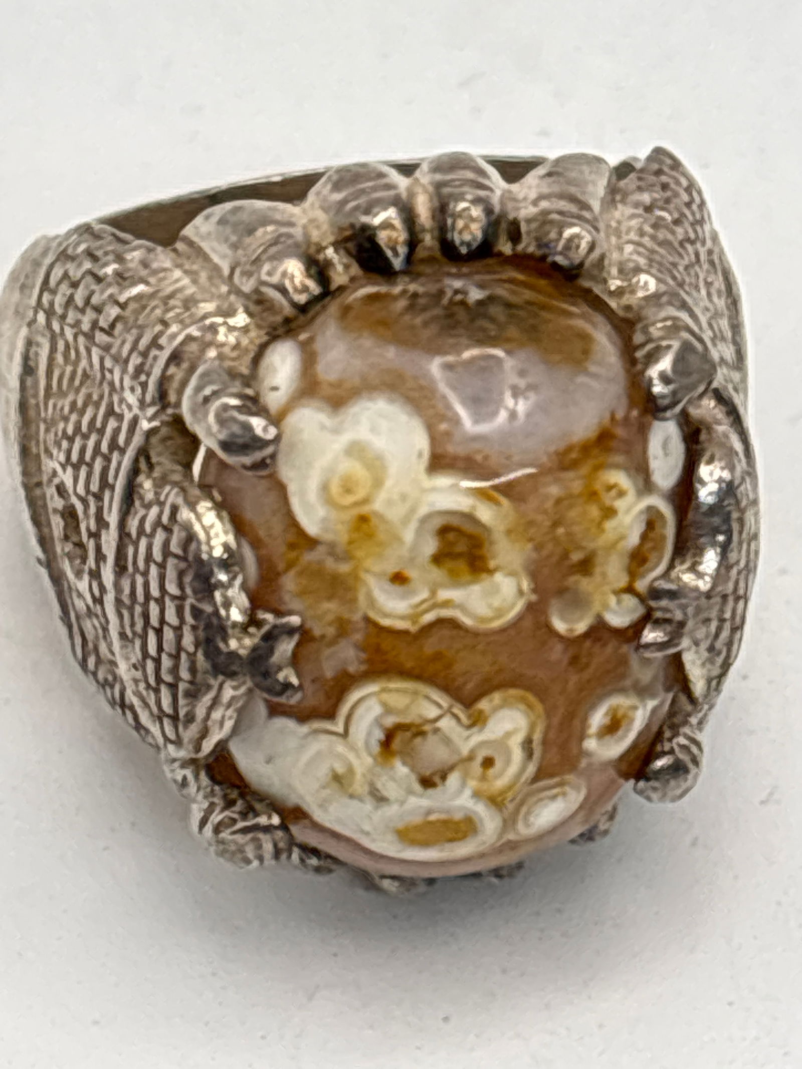 Unique large agate & Islamic castle design sterling silver ring; 22 grams inclusive: Unique large agate & Islamic castle design sterling silver ring; 22 grams inclusive.about 9&1/2-10.
