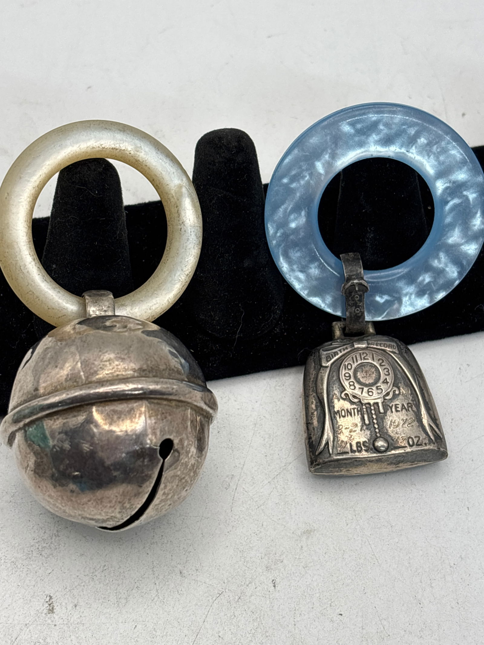 Two Vintage M.O.P. Design sterling silver rattle teething rings; 43 grams total weight (1 of 7)